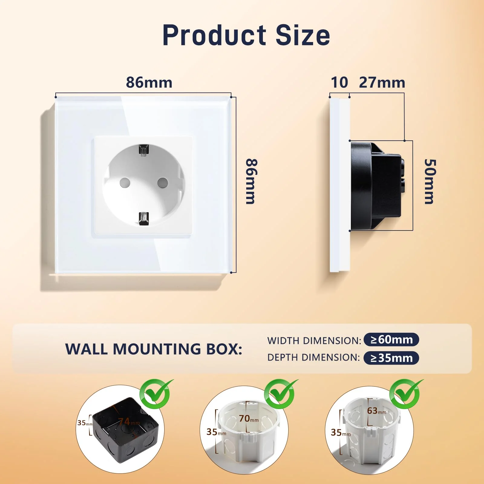 BSEED Schuko Socket, 1-Way Crystal Glass Panel Socket, Flush-Mounted Glass Socket, 16 A Socket, 86 mm, White, Extension Sockets, Wall Socket 1-gang - Image 2