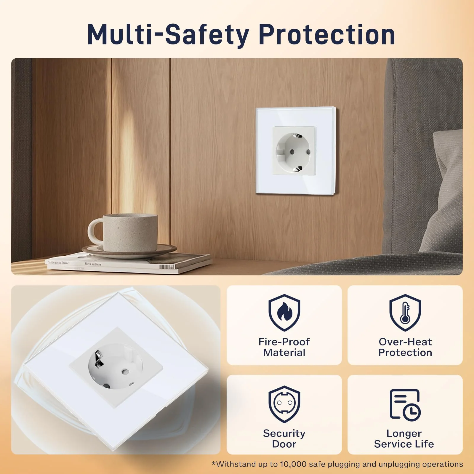 BSEED Schuko Socket, 1-Way Crystal Glass Panel Socket, Flush-Mounted Glass Socket, 16 A Socket, 86 mm, White, Extension Sockets, Wall Socket 1-gang - Image 4