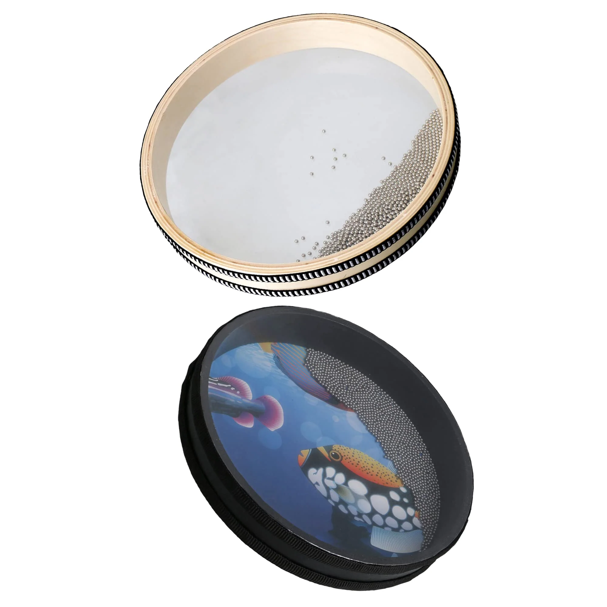 Bstinay 2pcs 10Inch Wooden Ocean Drum Hand Percussion Wave Bead Sea Sound Drum with Fish Pattern - Image 2