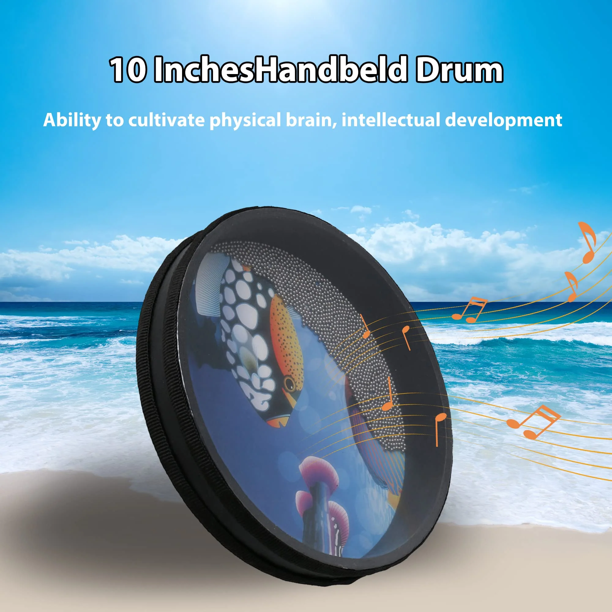 Bstinay 2pcs 10Inch Wooden Ocean Drum Hand Percussion Wave Bead Sea Sound Drum with Fish Pattern - Image 7
