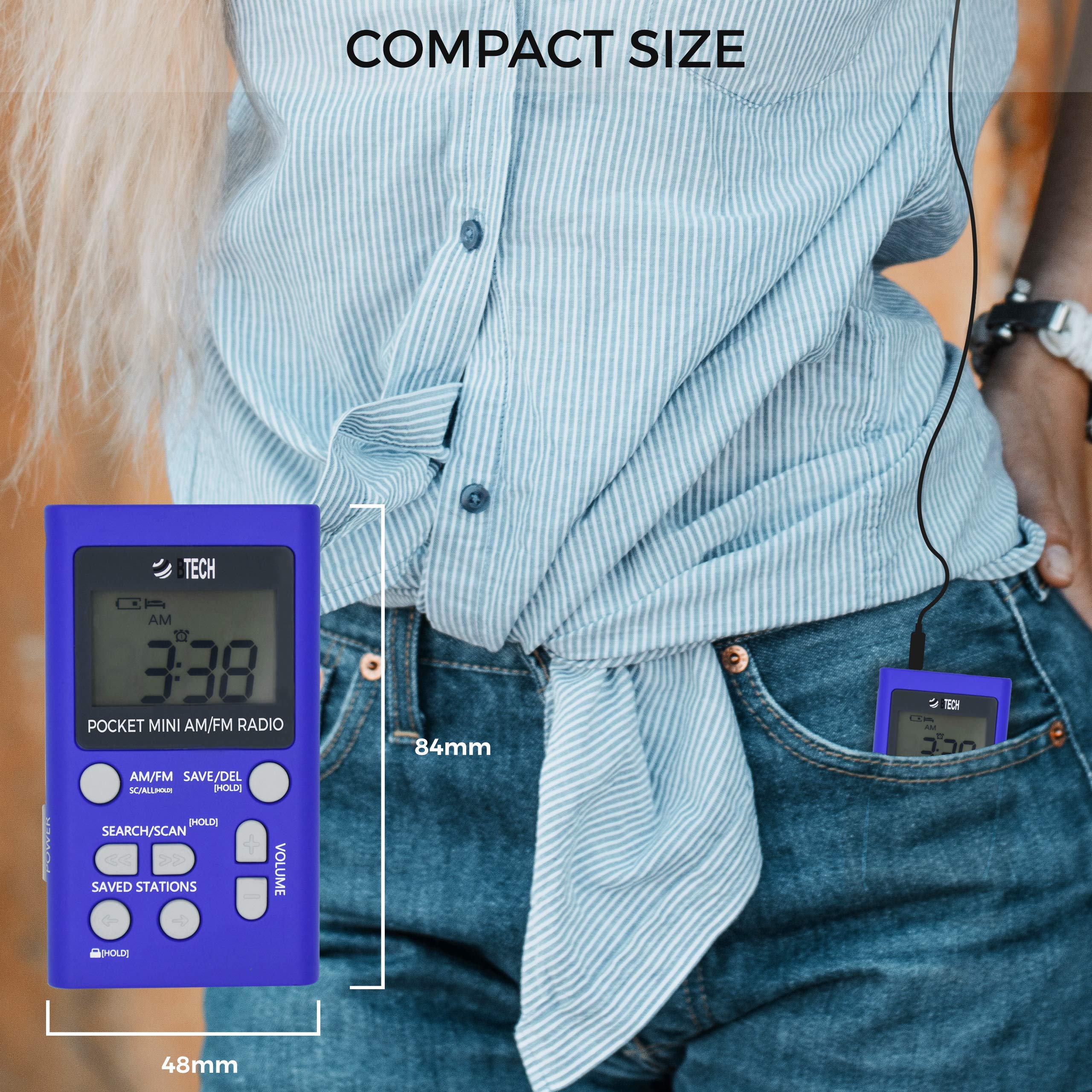 BTECH MPR-AF1 AM FM Personal Radio with Two Types of Stereo Headphones, Clock, Great Reception and Long Battery Life, Mini Pocket Walkman Radio with Headphones (Blue) MPR-AF1 Radio Blue - Image 2