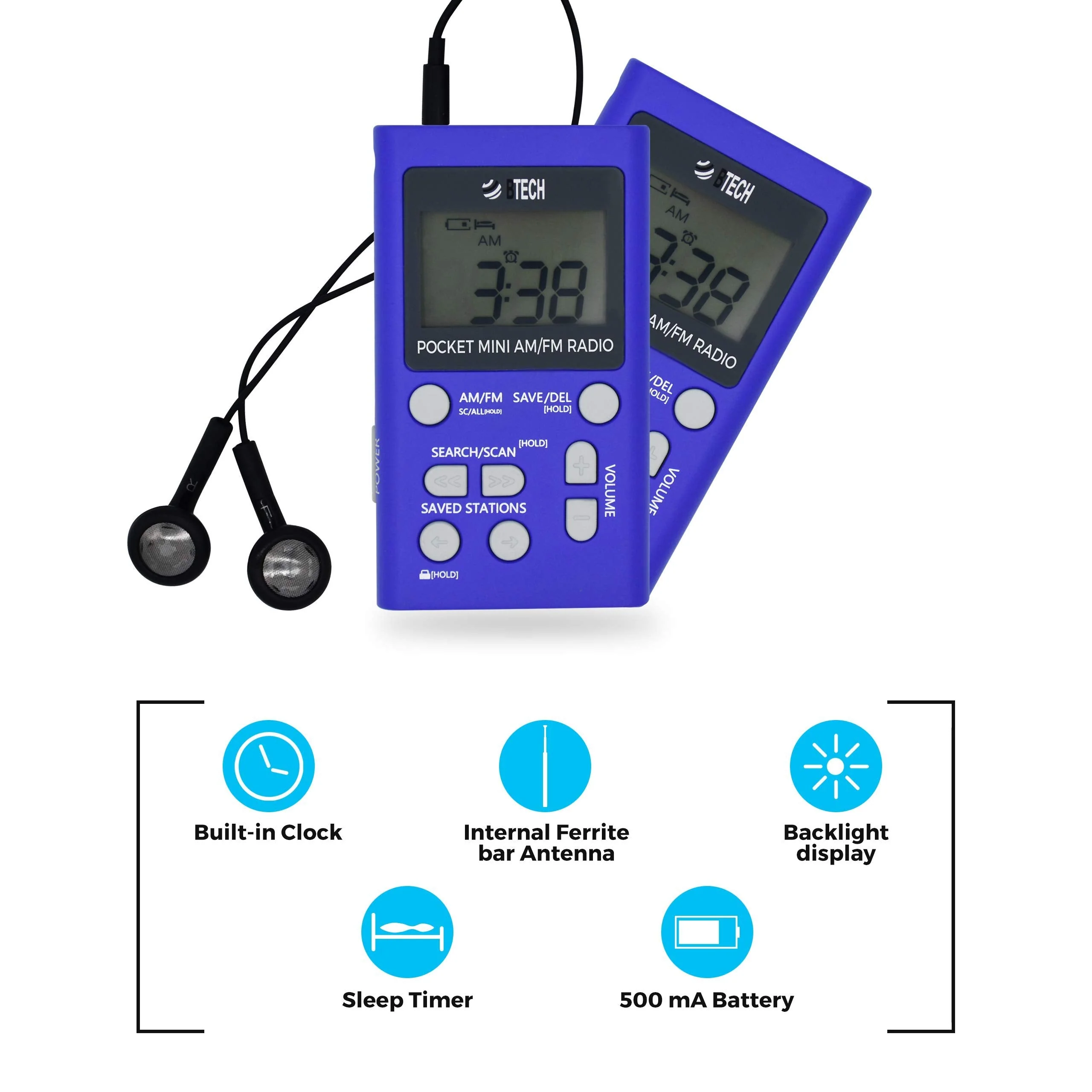 BTECH MPR-AF1 AM FM Personal Radio with Two Types of Stereo Headphones, Clock, Great Reception and Long Battery Life, Mini Pocket Walkman Radio with Headphones (Blue) MPR-AF1 Radio Blue - Image 5