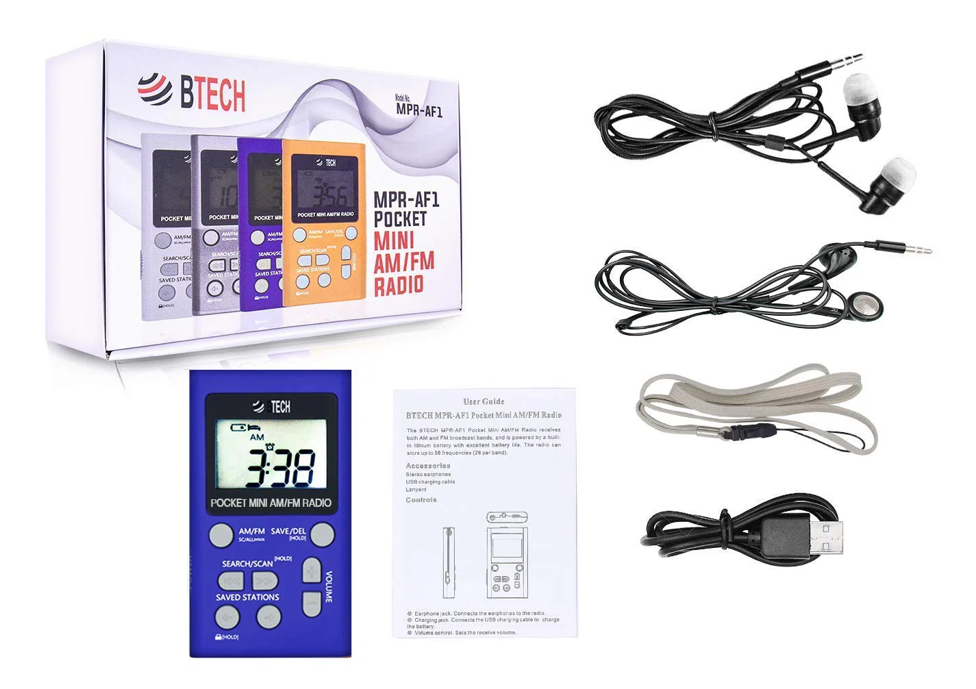 BTECH MPR-AF1 AM FM Personal Radio with Two Types of Stereo Headphones, Clock, Great Reception and Long Battery Life, Mini Pocket Walkman Radio with Headphones (Blue) MPR-AF1 Radio Blue - Image 6