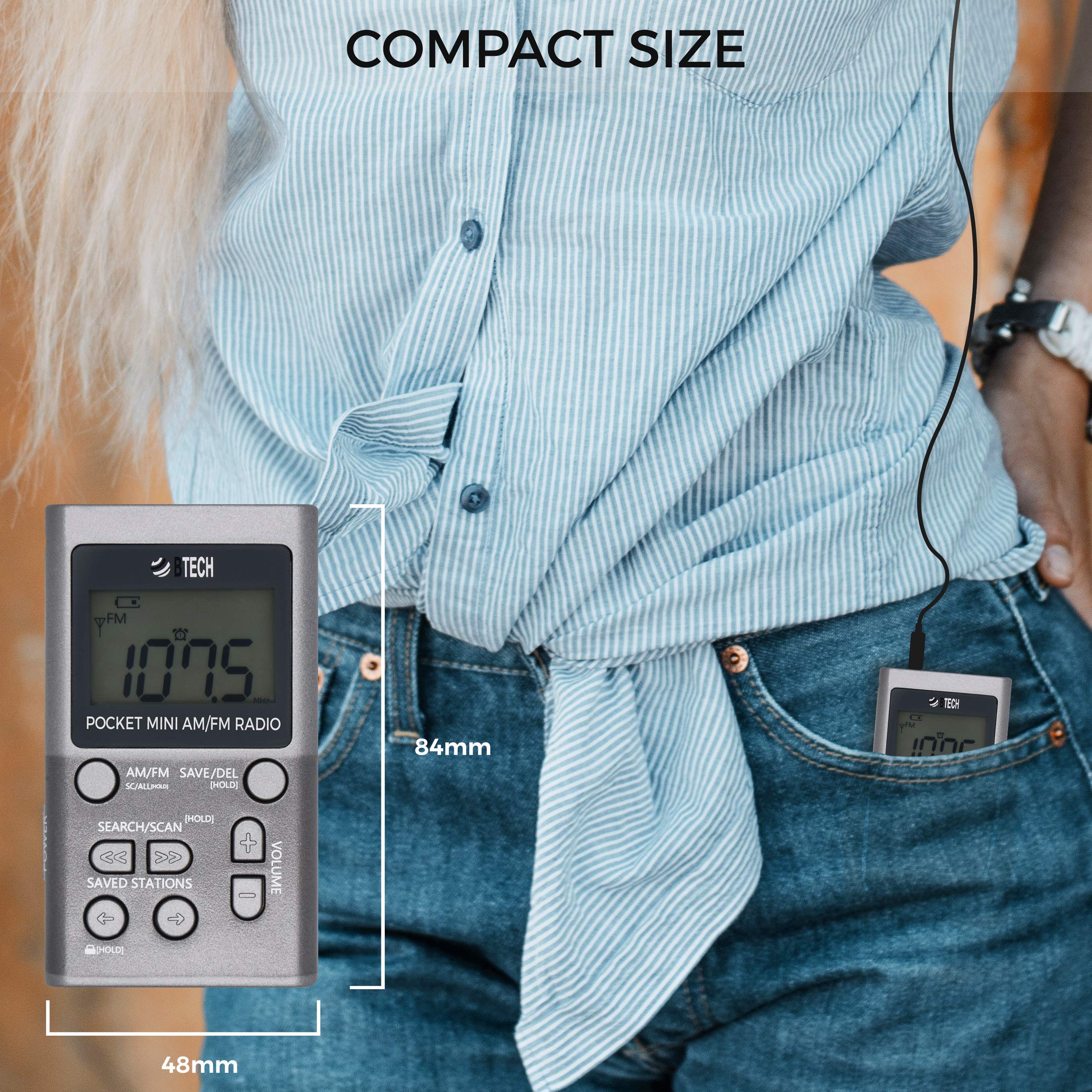 BTECH MPR-AF1 AM FM Personal Radio with Two Types of Stereo Headphones, Clock, Great Reception and Long Battery Life, Mini Pocket Walkman Radio with Headphones (Silver) MPR-AF1 Radio Silver - Image 2