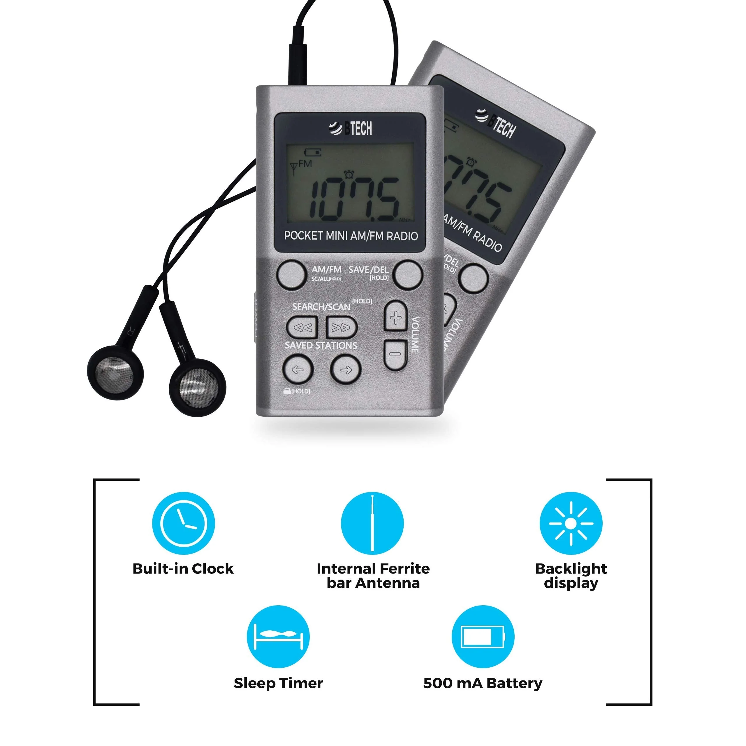 BTECH MPR-AF1 AM FM Personal Radio with Two Types of Stereo Headphones, Clock, Great Reception and Long Battery Life, Mini Pocket Walkman Radio with Headphones (Silver) MPR-AF1 Radio Silver - Image 5