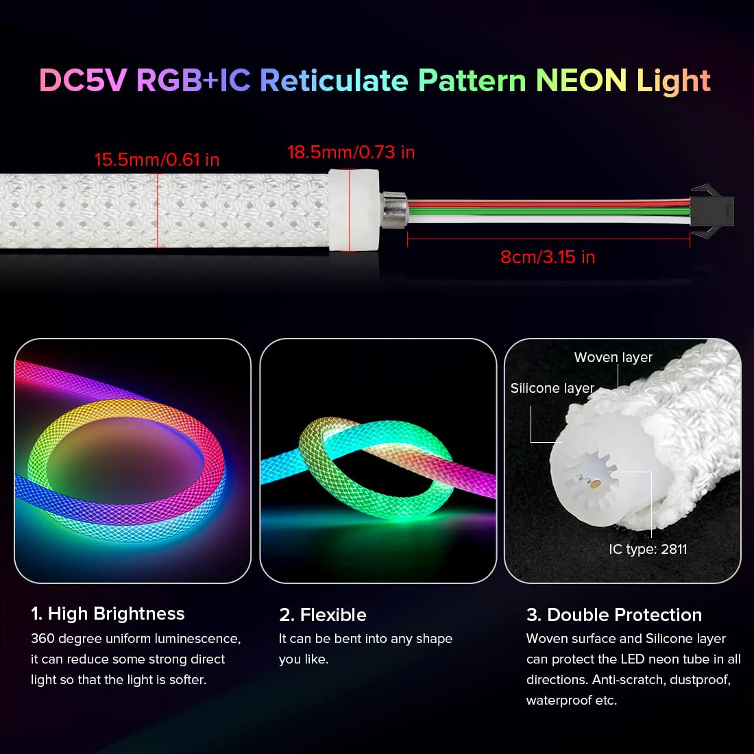 BTF-LIGHTING 9.8FT WS2811 WS2812B IC RGB DC5V 360 Degree Round Reticulate Pattern Chasing Color Neon LED Strip Flexible Nylon Silicone IP67 Waterproof Dream Color Rope Light(No Adapter or Controller) 9.8FT-Only Neon Light - Image 6