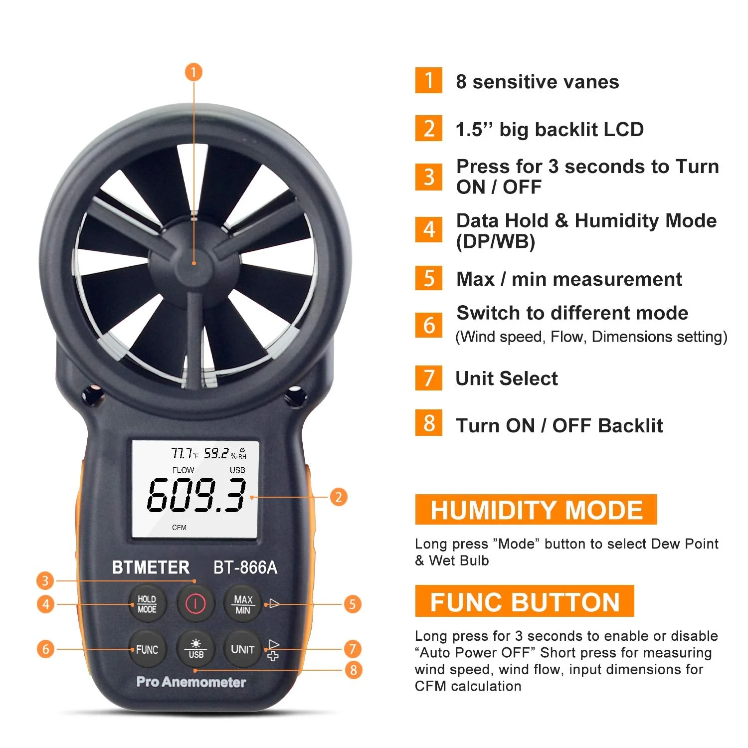 BTMETER BT-866A HVAC Anemometer for CFM Air Flow Handheld CFM Meter Connec to PC via USB Data Reading, Wind Speed Meter with Backlight for Kite Flying Sailing Surfing BT-866A (Air Flow Meter) - Image 2