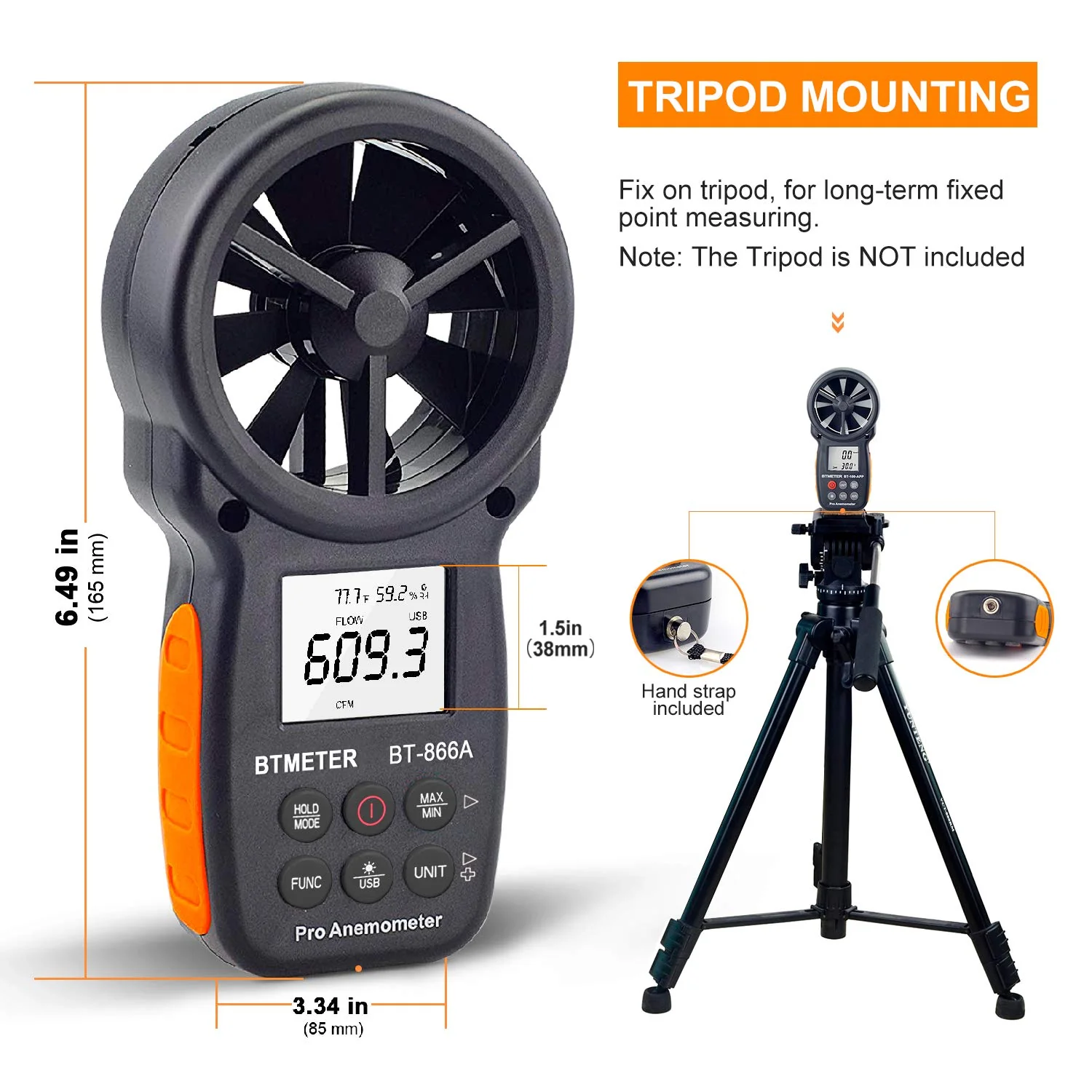 BTMETER BT-866A HVAC Anemometer for CFM Air Flow Handheld CFM Meter Connec to PC via USB Data Reading, Wind Speed Meter with Backlight for Kite Flying Sailing Surfing BT-866A (Air Flow Meter) - Image 3