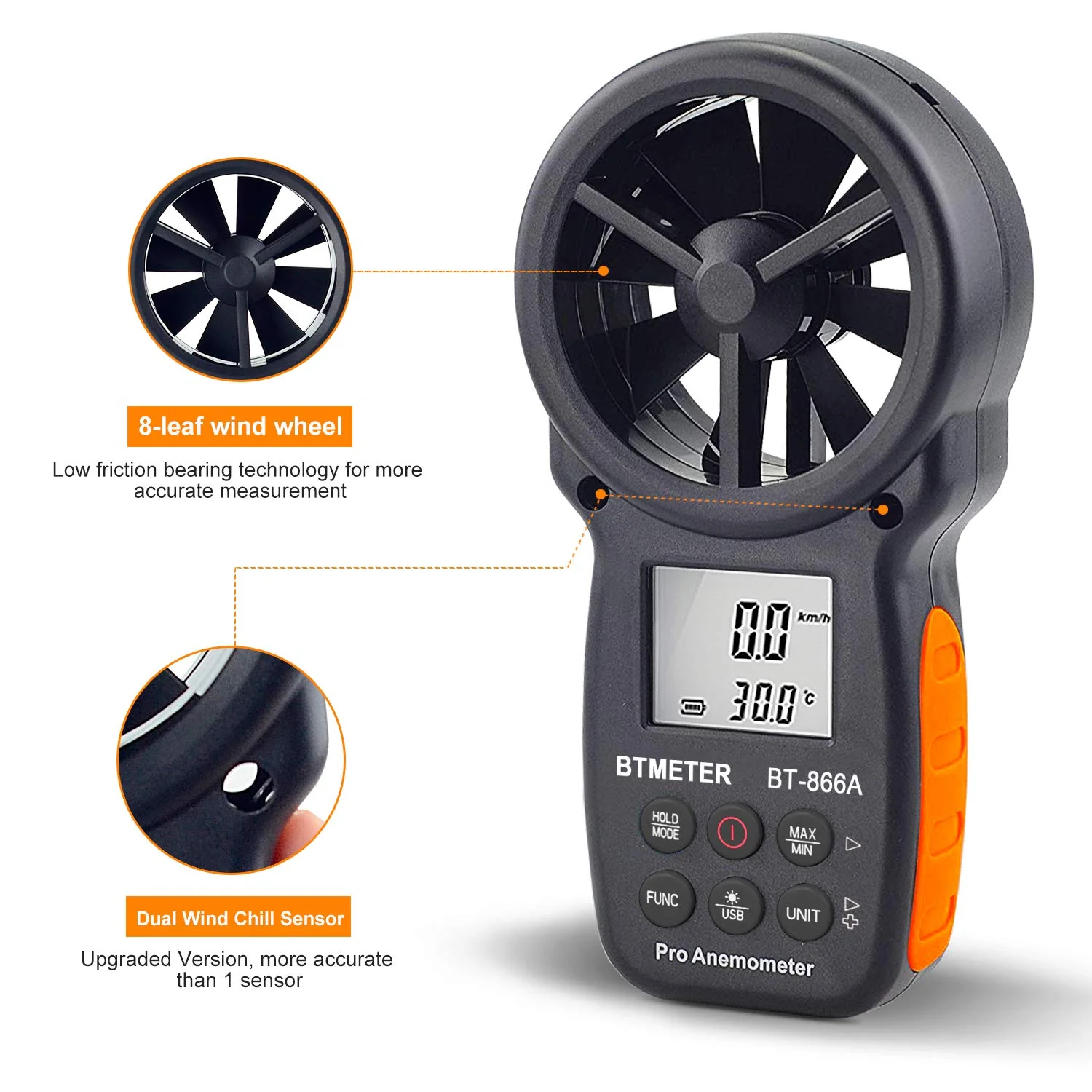 BTMETER BT-866A HVAC Anemometer for CFM Air Flow Handheld CFM Meter Connec to PC via USB Data Reading, Wind Speed Meter with Backlight for Kite Flying Sailing Surfing BT-866A (Air Flow Meter) - Image 4