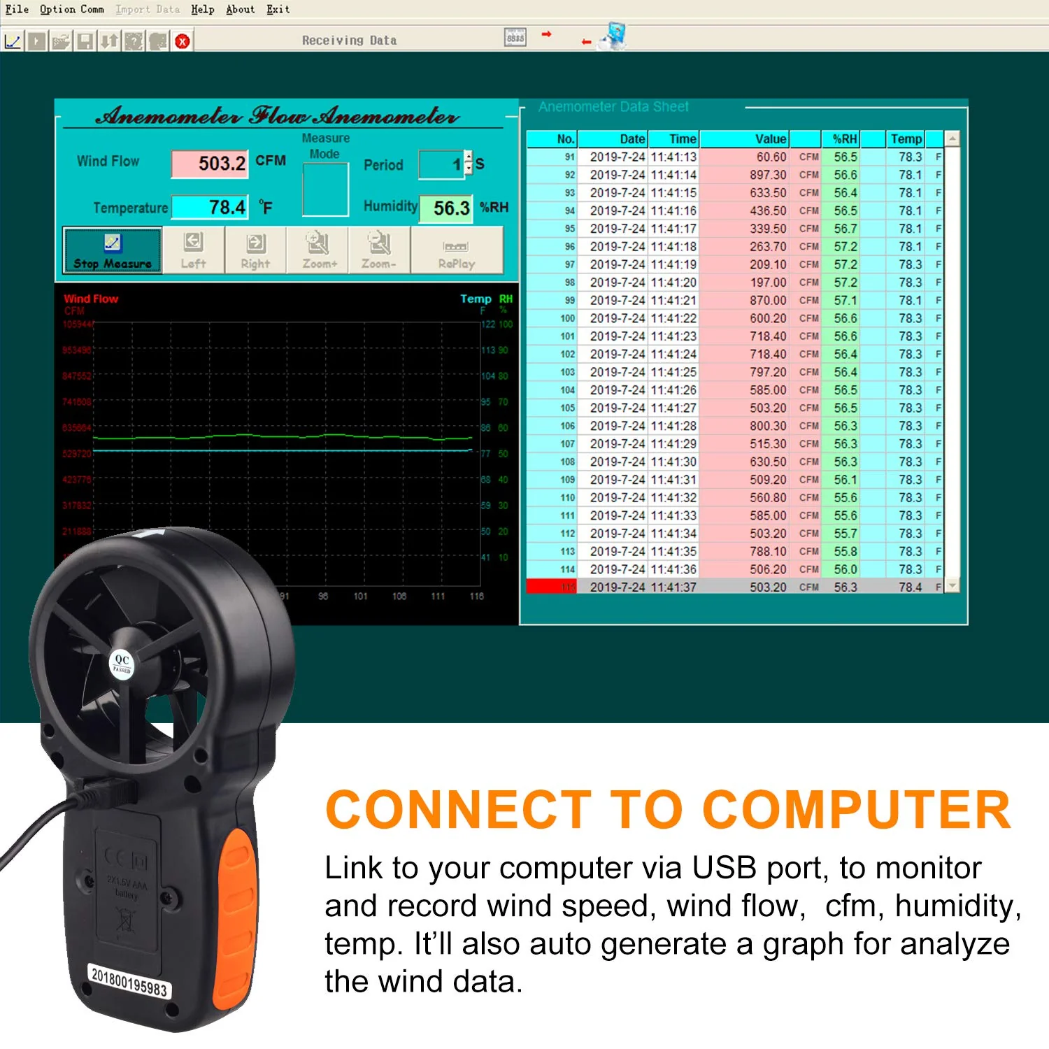 BTMETER BT-866A HVAC Anemometer for CFM Air Flow Handheld CFM Meter Connec to PC via USB Data Reading, Wind Speed Meter with Backlight for Kite Flying Sailing Surfing BT-866A (Air Flow Meter) - Image 5