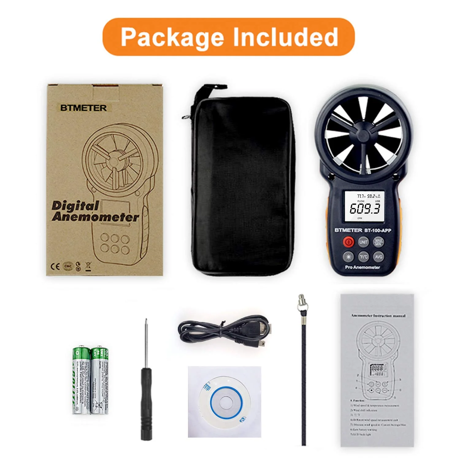BTMETER BT-866A HVAC Anemometer for CFM Air Flow Handheld CFM Meter Connec to PC via USB Data Reading, Wind Speed Meter with Backlight for Kite Flying Sailing Surfing BT-866A (Air Flow Meter) - Image 7