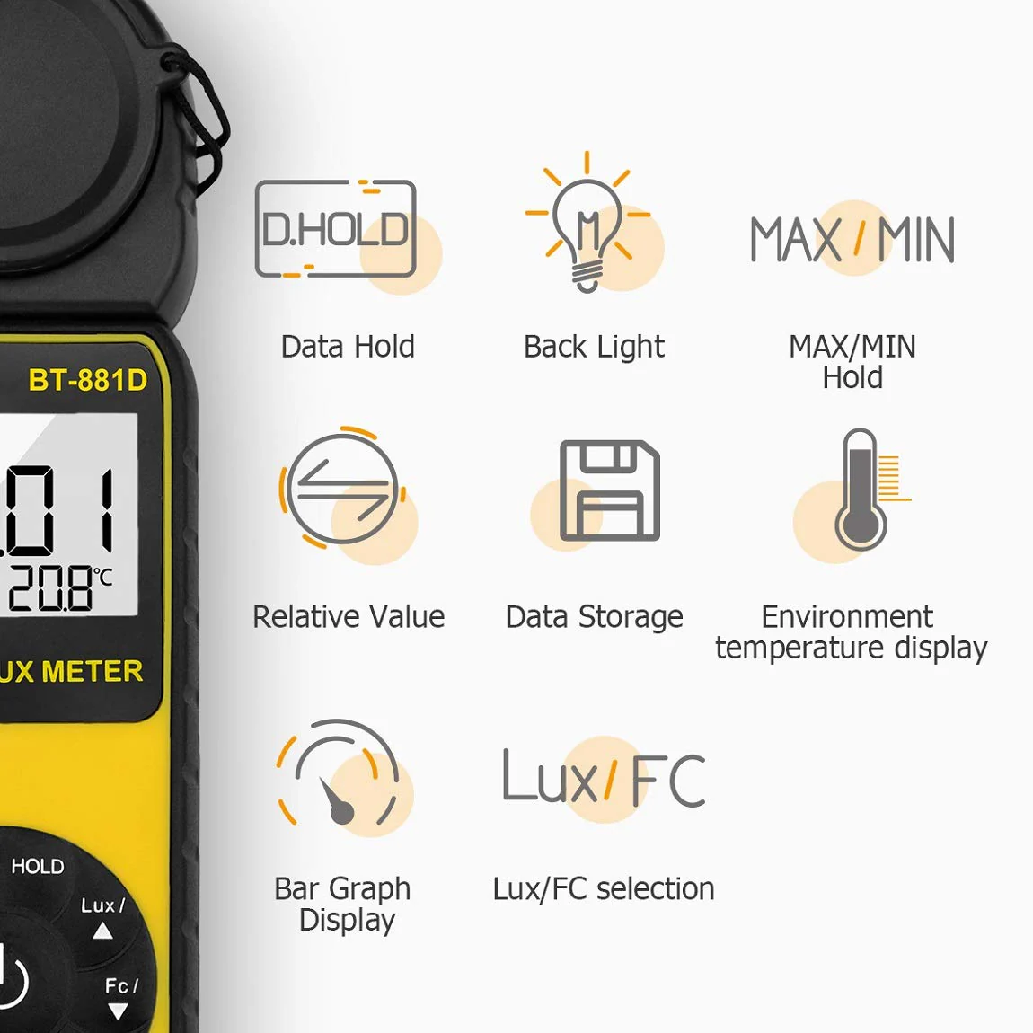 BTMETER BT-881D Digital Illuminance Light Meter, Measure Lights 0.01~400,000 Lux (0.01~40,000 FC) Foot Candles Luxmeter with 270º Rotated Sensor for Plants LED Lights Indoor Outdoor Light Tester BT881D (0.01~400,000 Lux) - Image 5