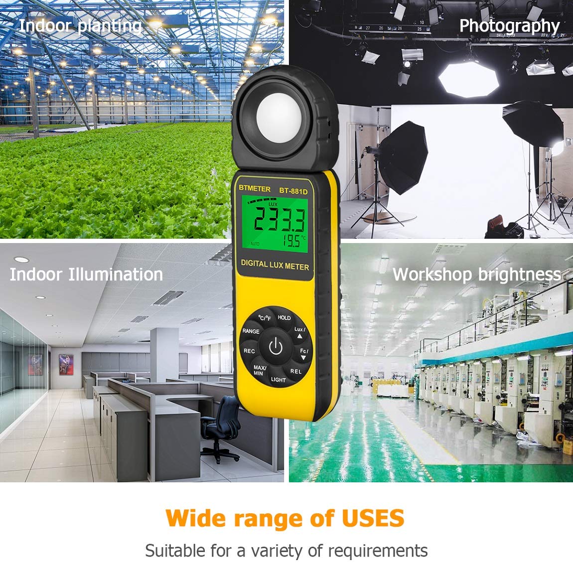 BTMETER BT-881D Digital Illuminance Light Meter, Measure Lights 0.01~400,000 Lux (0.01~40,000 FC) Foot Candles Luxmeter with 270º Rotated Sensor for Plants LED Lights Indoor Outdoor Light Tester BT881D (0.01~400,000 Lux) - Image 7