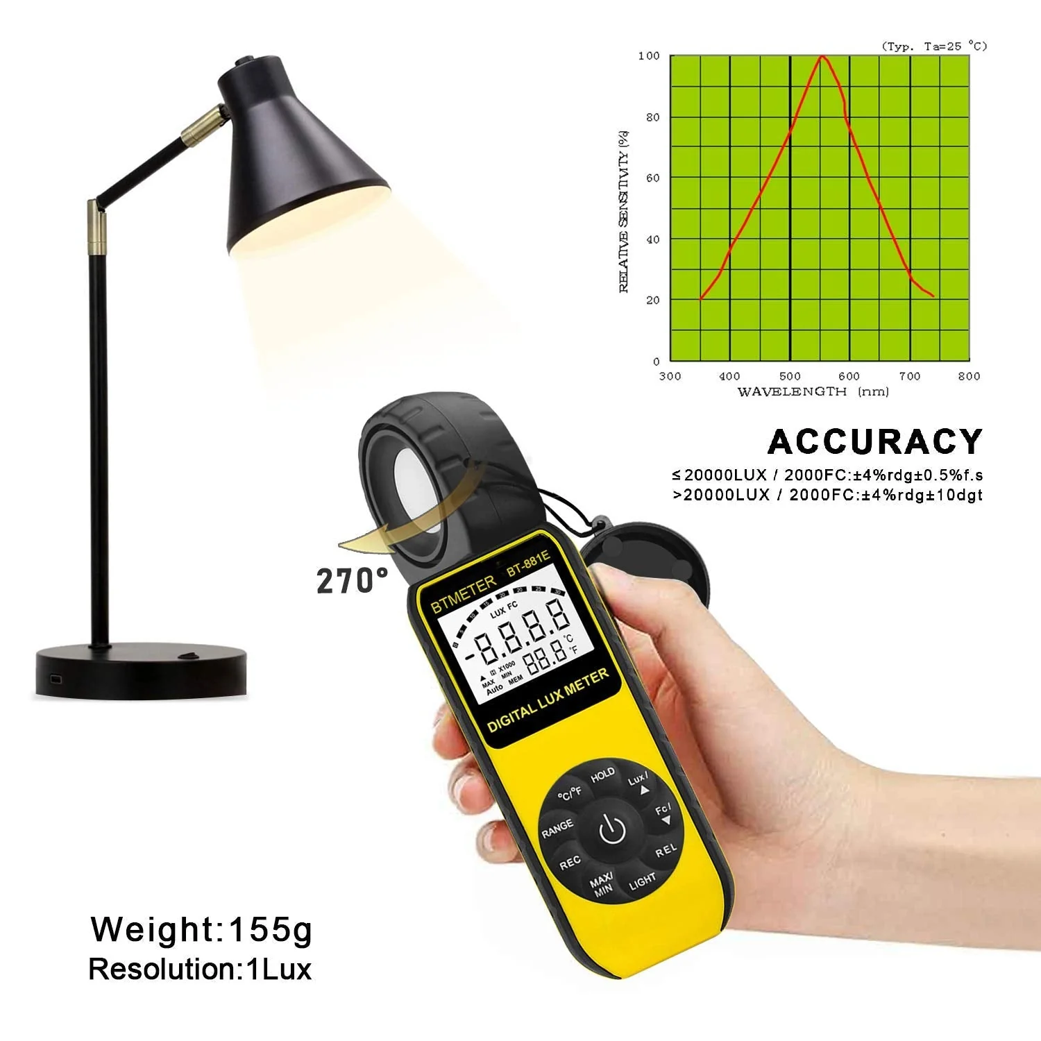 BTMETER BT-881E Digital Illuminance/Light Meter, Measure Lights 0.01~300,000 Lux (0.01~30,000 FC) Foot Candles, Par Meter Luxmeter for Plants Aquarium Light Tester BT-881E (0.01~300,000 Lux) - Image 5