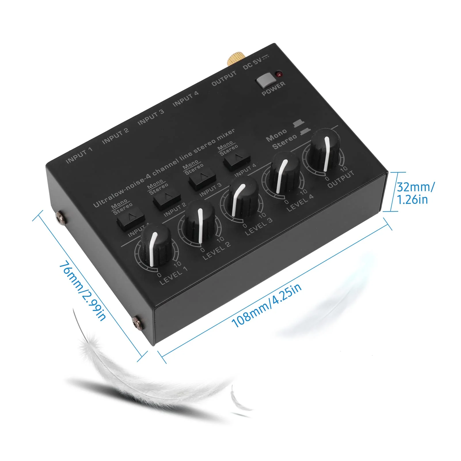 Btuty Ultra Low Noise 4 Channel Line Stereo Mixer 4 Input 1 Output DC 5V Portable Mini Audio Mixer Microphone Guitar Bass Keyboard Mixers for Club Bar Stage Studio - Image 2
