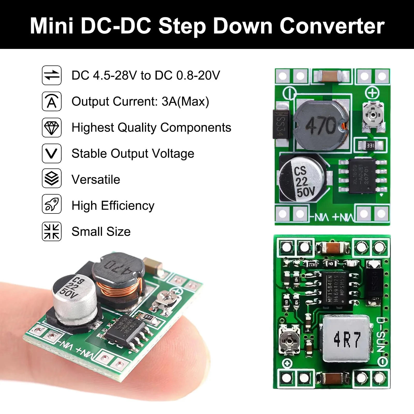 Buck Converter Pack of 8 Mini Step Down Converter Module, Step Down Converter Buck Converter MP1584EN 4.5-28V to 0.8-20V DC-DC Converter Module, 24V to 12V 9V 5V 3V Step Down Adjustable Converter - Image 4