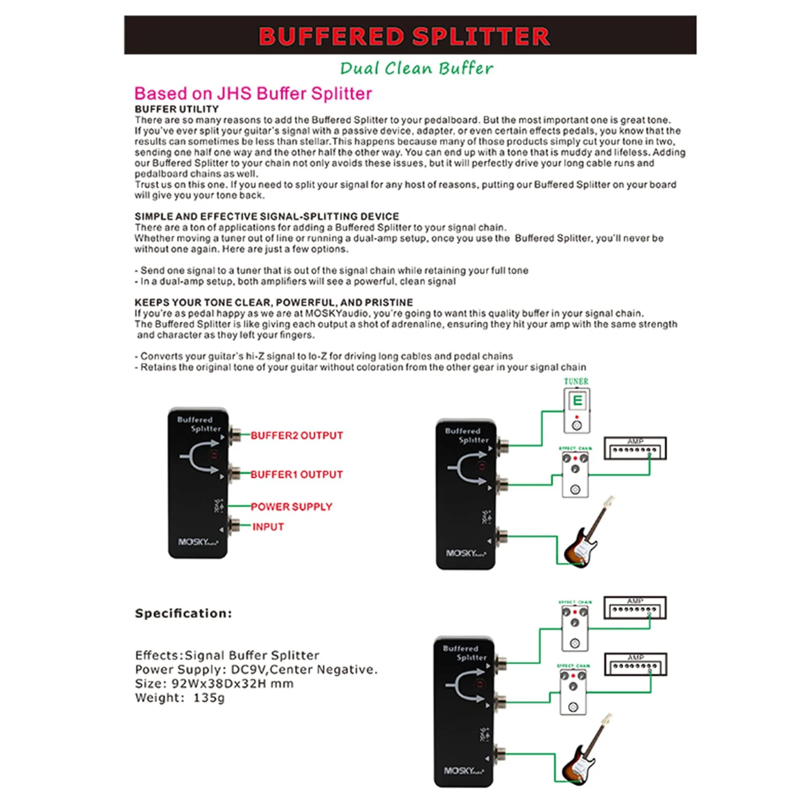 BUFFERED SPLITTER Guitar Effect Pedal Signal Buffer Splitter Dual Clean Buffer Output - Image 7