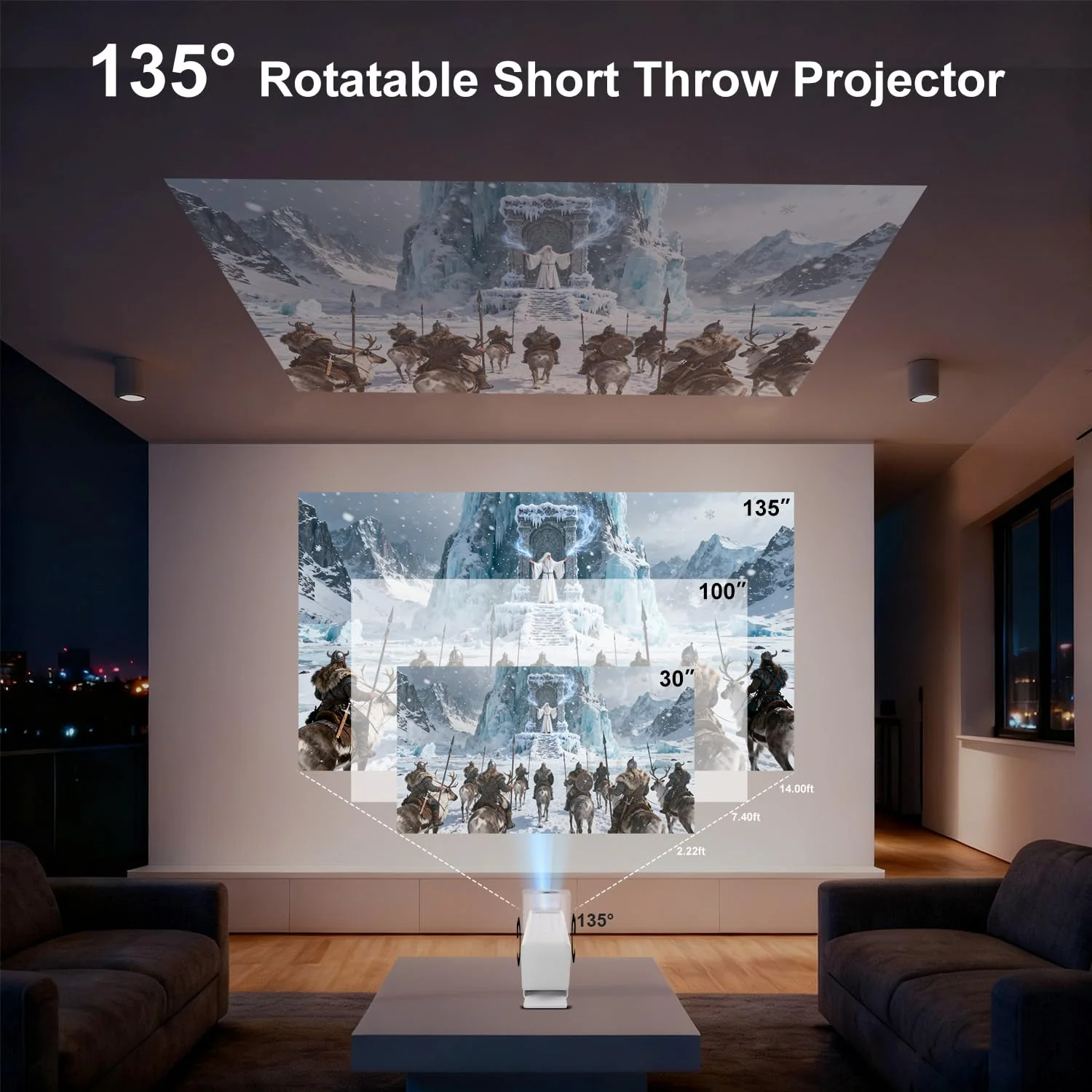 [Built-in Apps & 4K Support ] Mini Projector with Wifi and Bluetooth,Portable Projector Native 1080P Support Auto Keystone Movie Projector Compatible with HDMI/USB/iOS/Android,135° for Home,Outdoor White - Image 4
