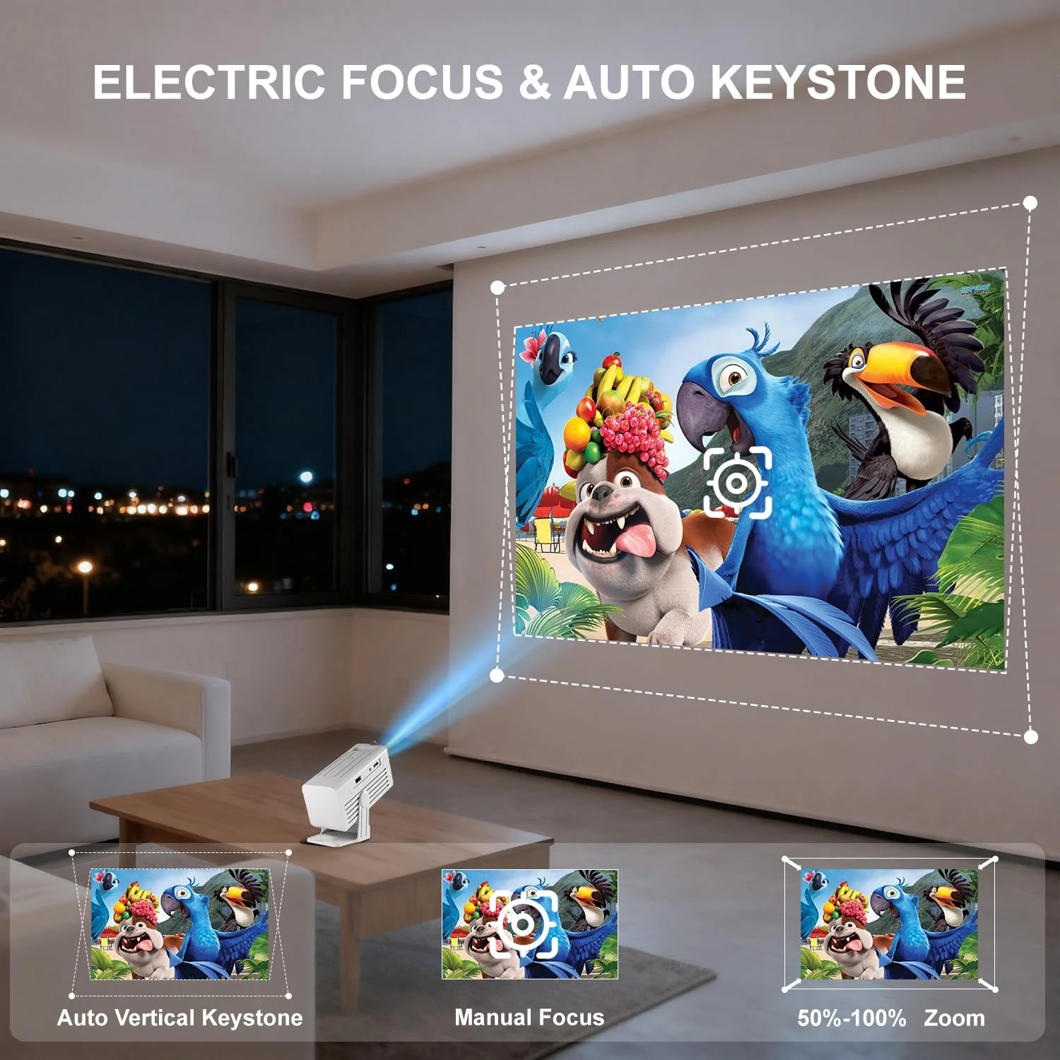 [Built-in Apps & 4K Support ] Mini Projector with Wifi and Bluetooth,Portable Projector Native 1080P Support Auto Keystone Movie Projector Compatible with HDMI/USB/iOS/Android,135° for Home,Outdoor White - Image 5