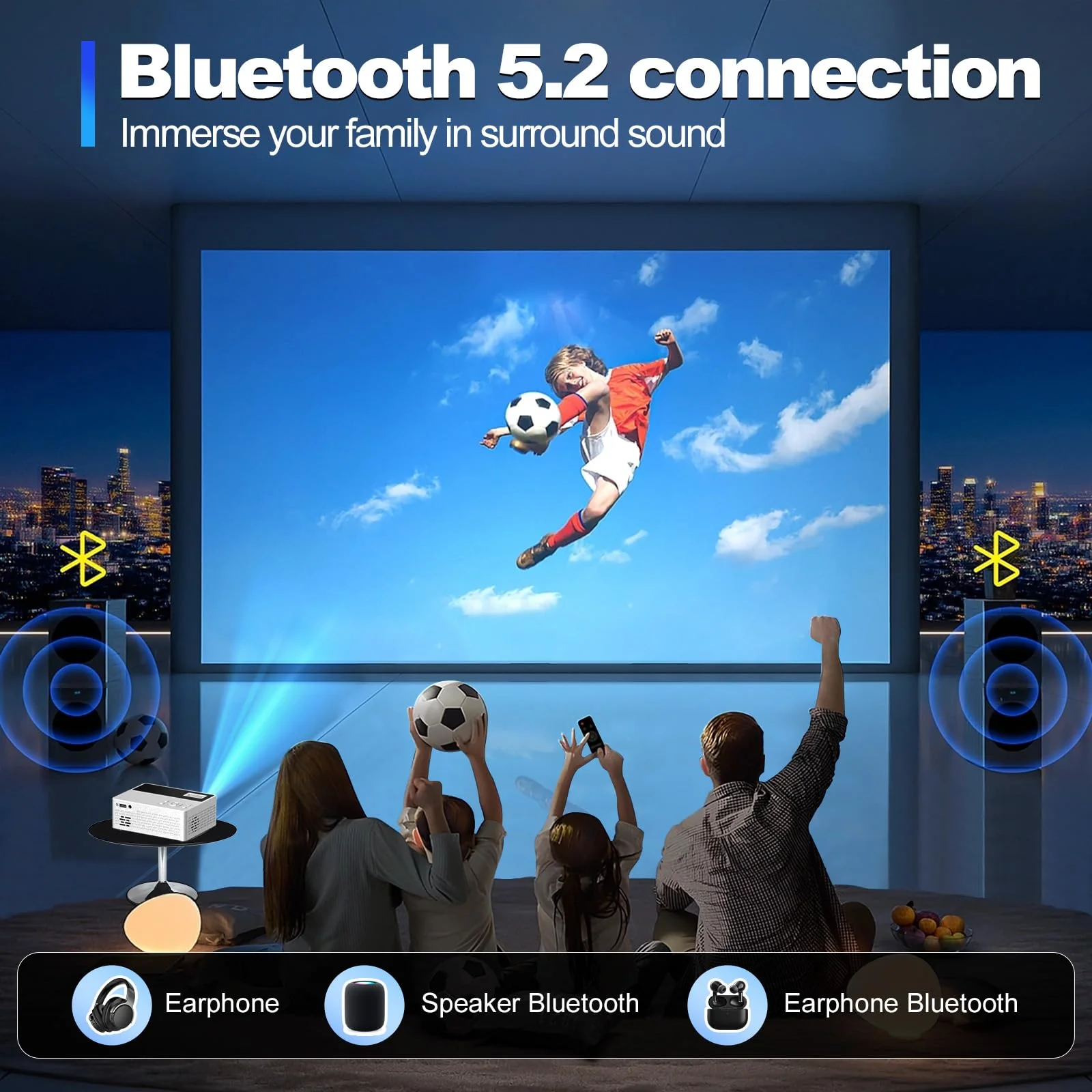 [Built-in Apps] 5G WiFi Bluetooth Smart Projector,Comes with a mini stand ,Mini Projector with Stereo Speaker,4K support HD Portable Projector, Compatible with TV Stick Smartphone/ pc/USB (With Apps) With Apps - Image 2