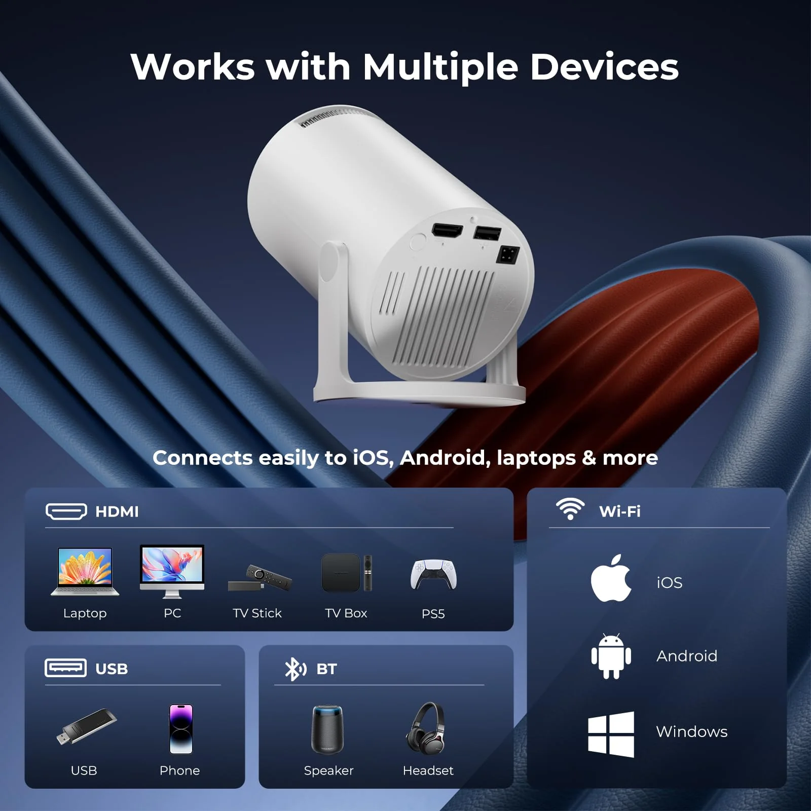 [Built-in Apps] CLOKOWE Mini Projector with WiFi and Bluetooth, 2026 Upgraded 1080P Smart Portable Projector with 180° Rotation, Auto Keystone, Compatible with iPhone/Android/Laptop/TV Stick/HDMI/USB white - Image 8