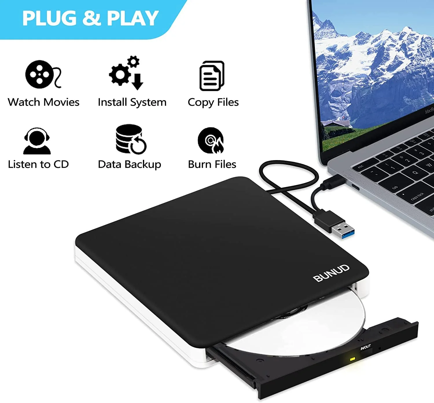 BUNUD External DVD Burner USB-C: Portable DVD External Drive for Apple Superdrive with 2 USB and TF/SD Slots - Plug & Play CD Drive External for Mac Laptop Windows 11 Black - Image 4
