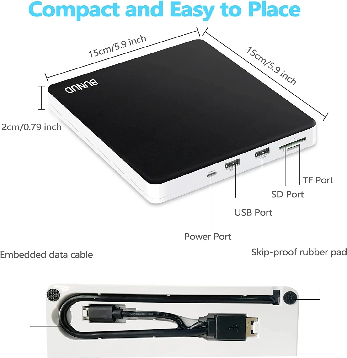 BUNUD External DVD Burner USB-C: Portable DVD External Drive for Apple Superdrive with 2 USB and TF/SD Slots - Plug & Play CD Drive External for Mac Laptop Windows 11 Black - Image 5