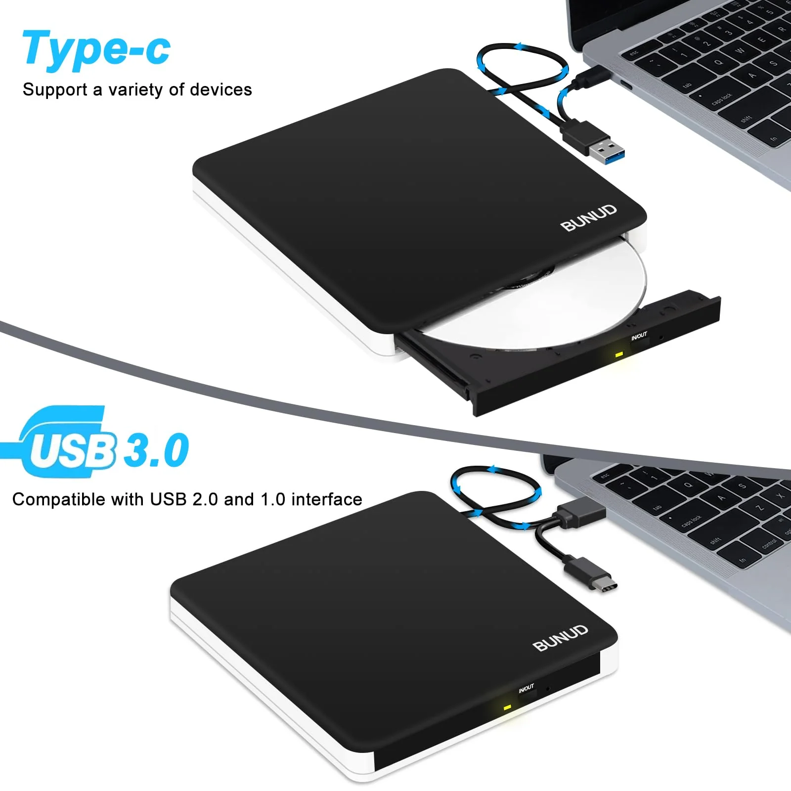 BUNUD External DVD Burner USB-C: Portable DVD External Drive for Apple Superdrive with 2 USB and TF/SD Slots - Plug & Play CD Drive External for Mac Laptop Windows 11 Black - Image 7