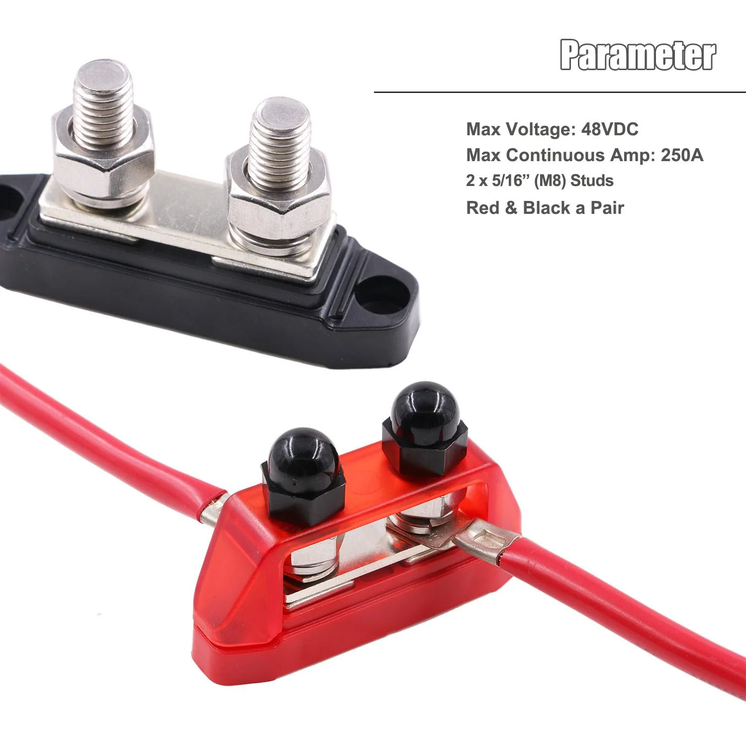 Bus Bar 12V-48V DC 250A Busbars Battery Distribution Block with Dual 5/16" (M8) Posts Terminals Block, 250 Amp Powerbar with Cover Positive & Ground for Car RV Solar Boat, Red& Black 2 Pack Dual 5/16" Posts Terminal with Cover - Image 2