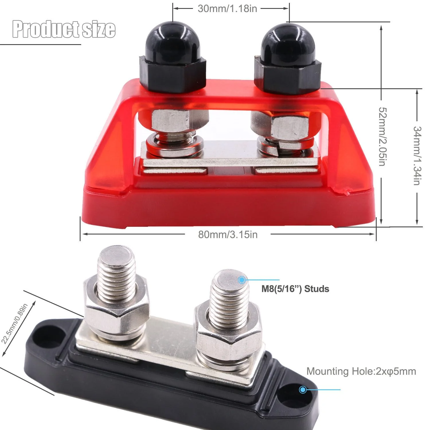 Bus Bar 12V-48V DC 250A Busbars Battery Distribution Block with Dual 5/16" (M8) Posts Terminals Block, 250 Amp Powerbar with Cover Positive & Ground for Car RV Solar Boat, Red& Black 2 Pack Dual 5/16" Posts Terminal with Cover - Image 4