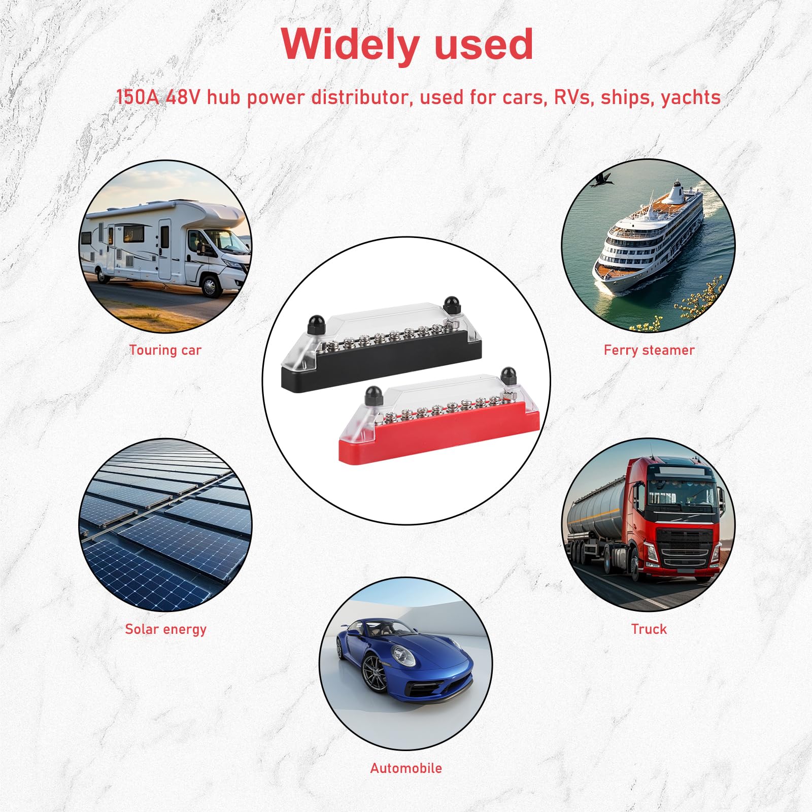 Busbar Distribution Block 12V-48V DC, Pack of 2 150A BusBar Distribution Block with 6 x M8 Terminal Bolts and 2 x M6 Terminal Bolts, 150A BusBar Box for Boat, Truck, Bus - Image 3