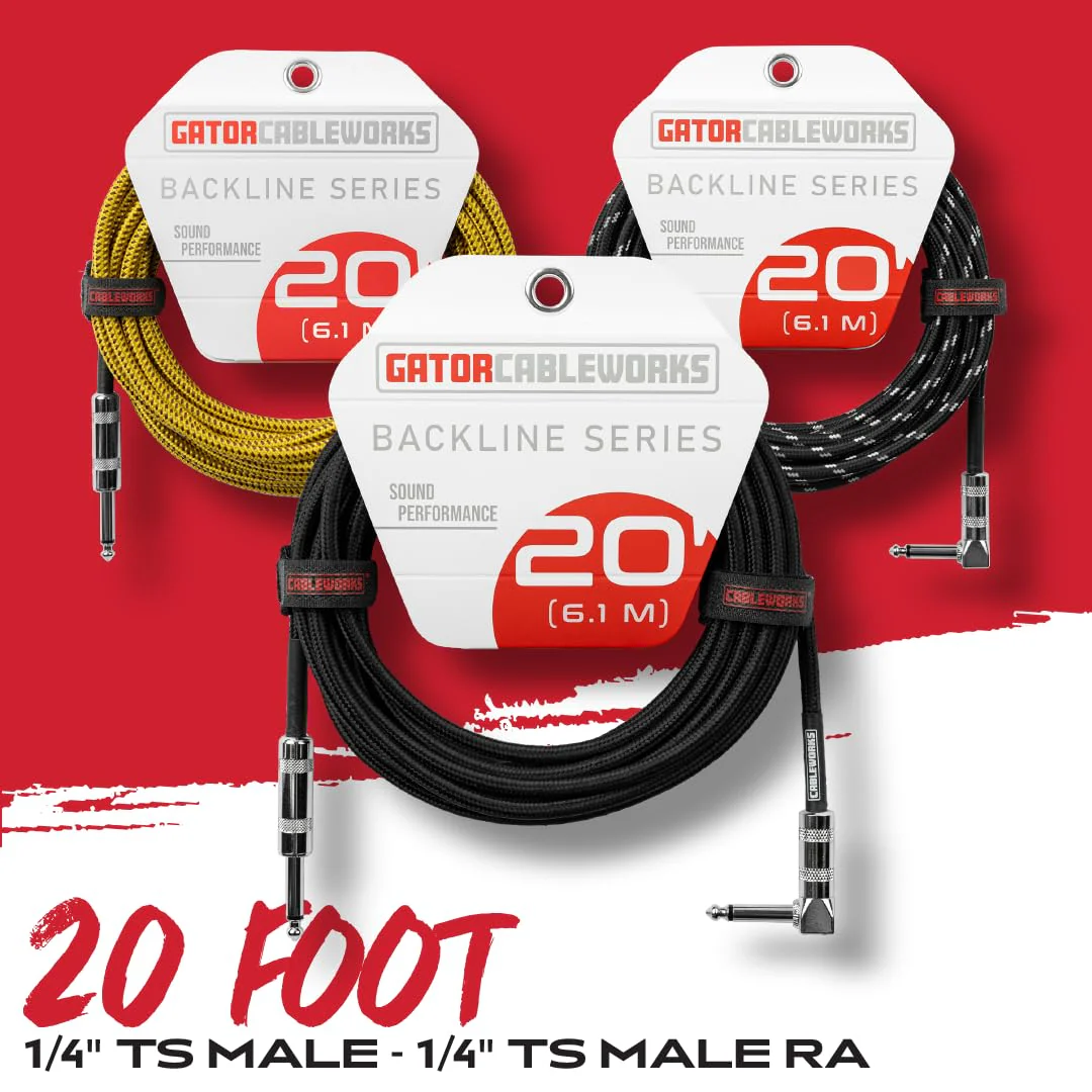 by Gator Cases Backline Series 20 Ft Braided Guitar Instrument Cable, Straight to Right Angle, Black/Grey (GCWB-INS-20RABG) Black / Grey 20 ft. - Image 6