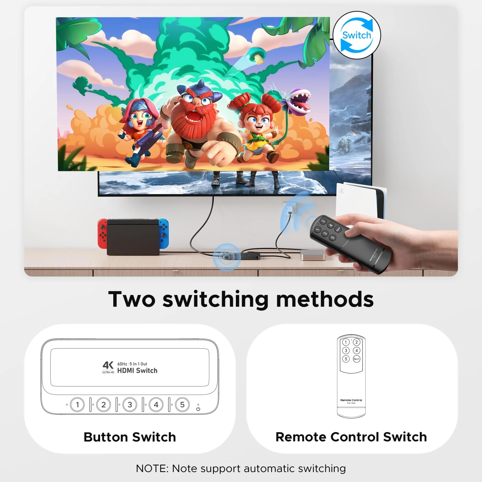 ByteWave HDMI Switch 5 in 1 Out with Remote - 4K@60Hz, HDCP2.3, HDR, 3D, Dolby Support, Multi HDMI Port Selector Box, 5x1 Game Switcher Hub Compatible with PS5 Nintendo Switch1/2 Xbox Roku TV Stick - Image 6