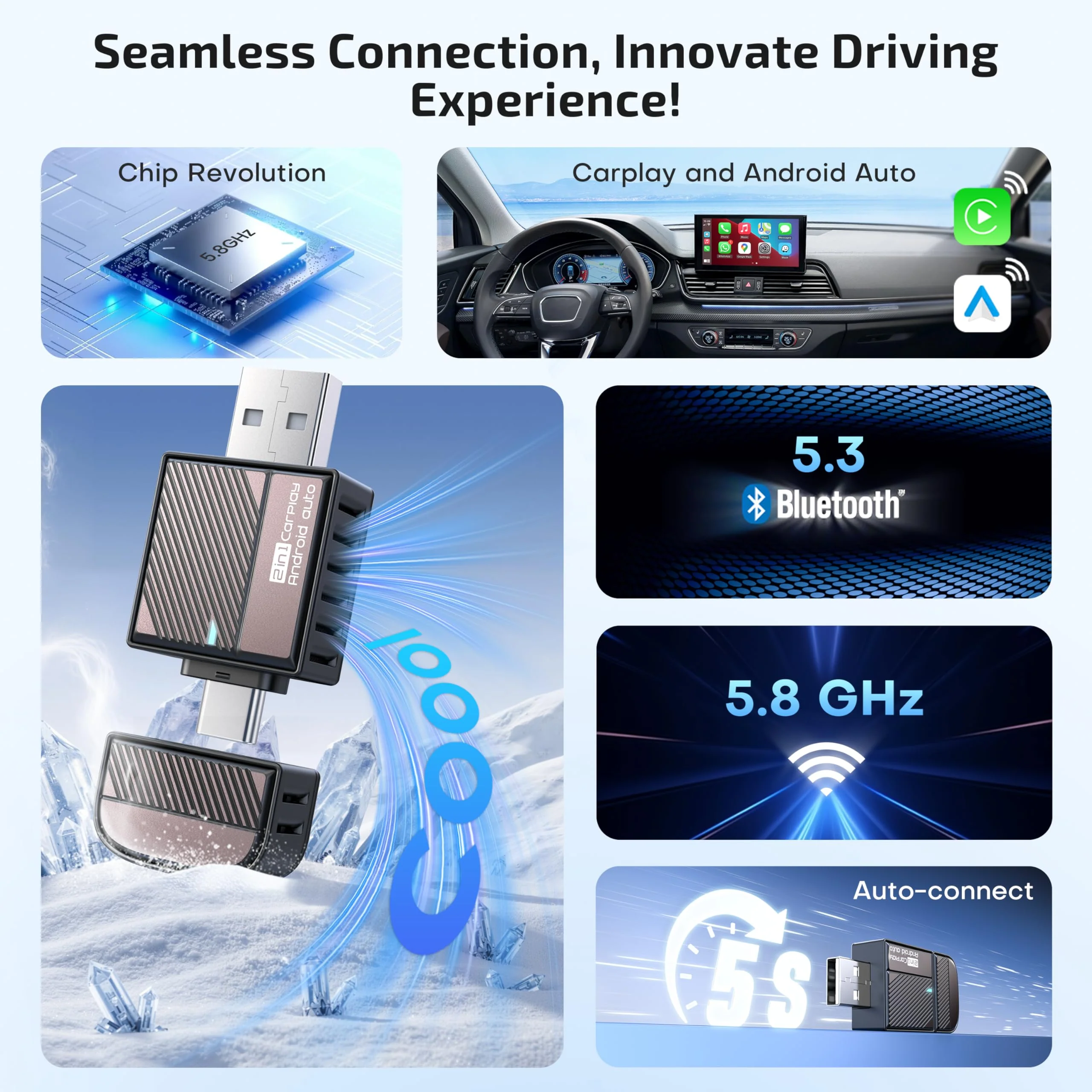 ByteWave Wireless Android Auto & CarPlay Adapter 2-in-1 Converts Wired to Wireless 2025 Upgraded, Plug-and-Play Dongle with Low Latency, Connect for iOS10+/Android 11+ Cars - Brown - Image 3