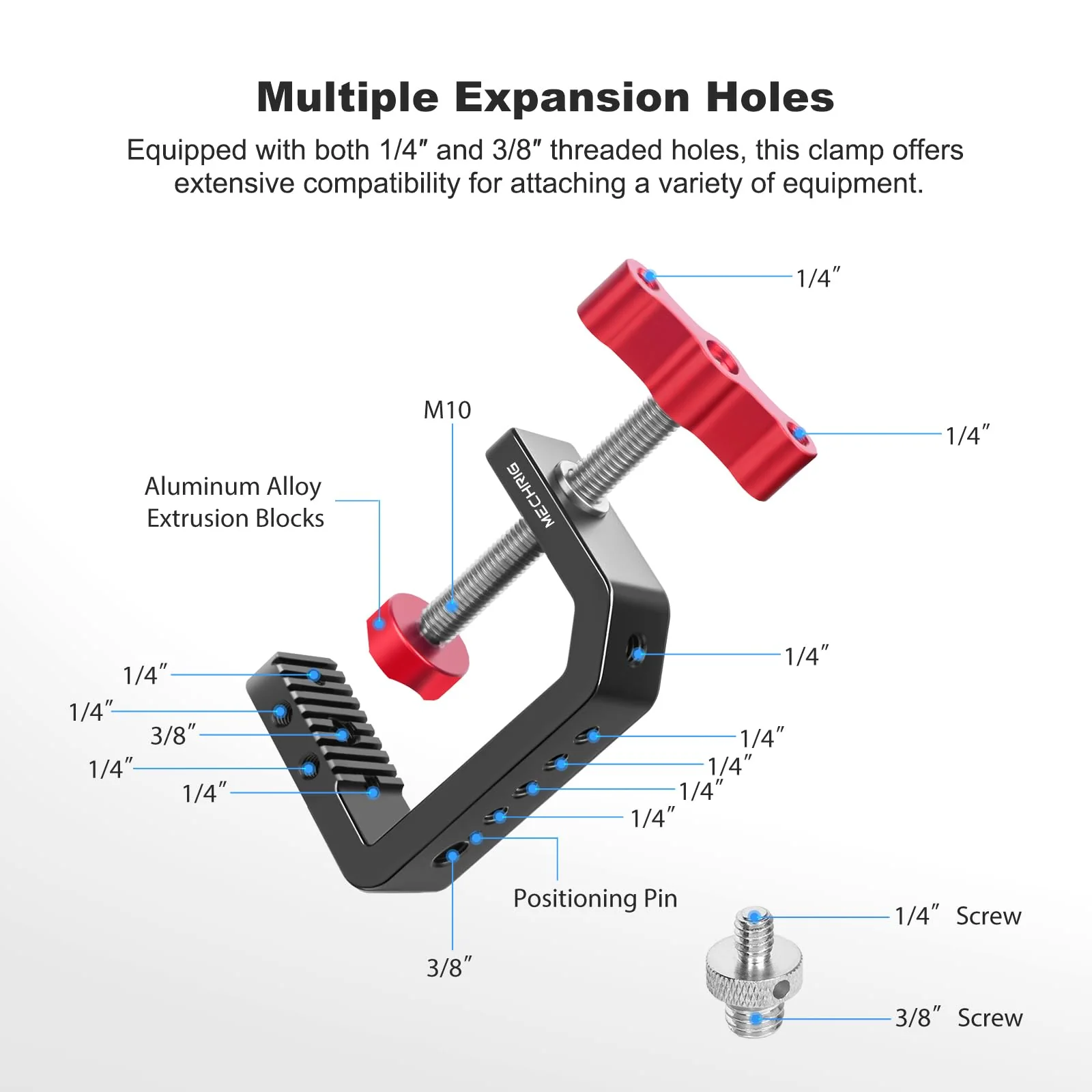 C Clamp Desk Camera Mount, Aluminum Table C-clamp with 1/4" 3/8" Thread, Desktop DSLR Mount for Photo Studio Video Camera, Light Stand, Desk, Rods, Shelves, Bike, Max Clamp 2.36" (62021) - Image 2