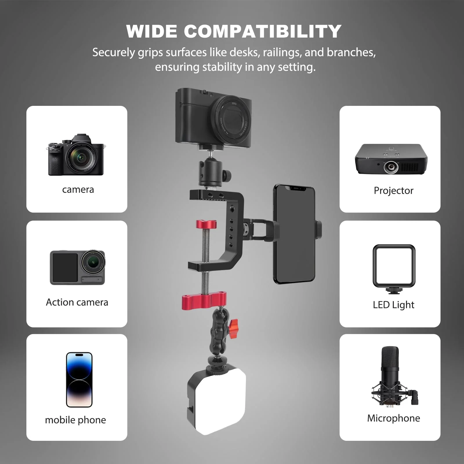 C Clamp Desk Camera Mount, Aluminum Table C-clamp with 1/4" 3/8" Thread, Desktop DSLR Mount for Photo Studio Video Camera, Light Stand, Desk, Rods, Shelves, Bike, Max Clamp 2.36" (62021) - Image 5