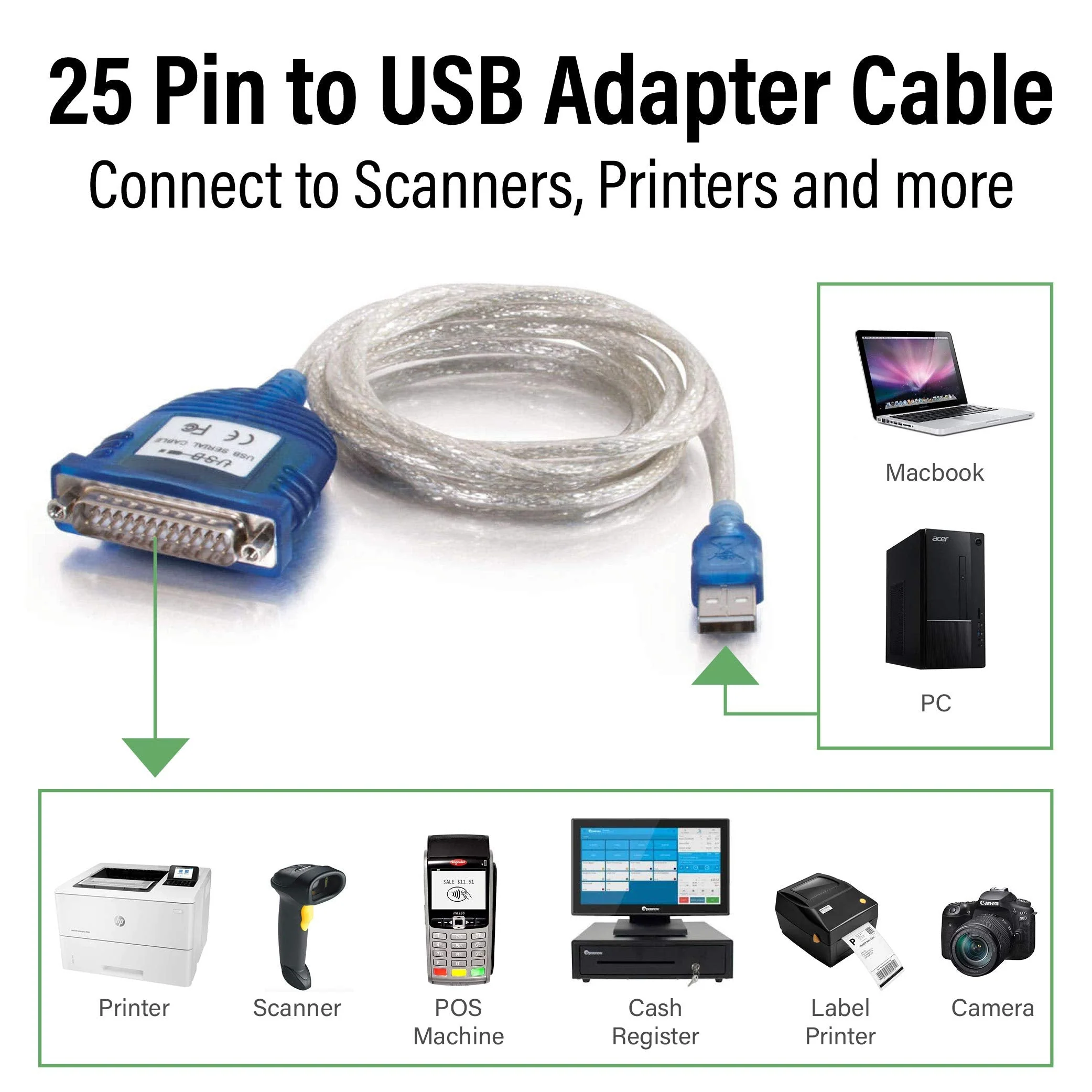 C2G USB Adapter USB to DB25 Adapter Grey 6 Feet (1.82 Meters) Cables to Go 22429,Gray USB to DB25 Male Adapter - Image 2