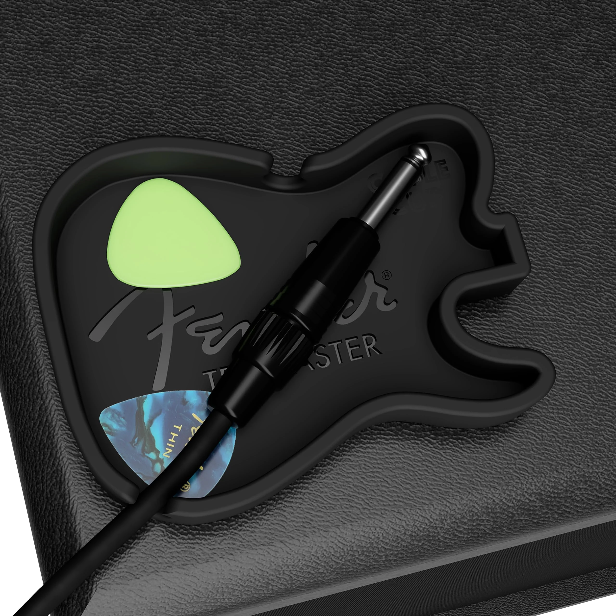 Cable Cup Fender® Pick & Cable Holder | Adhesive-Free Amp-Top or Tabletop Tray Using Microsuction Technology | Tele® Body Shape Tele Body