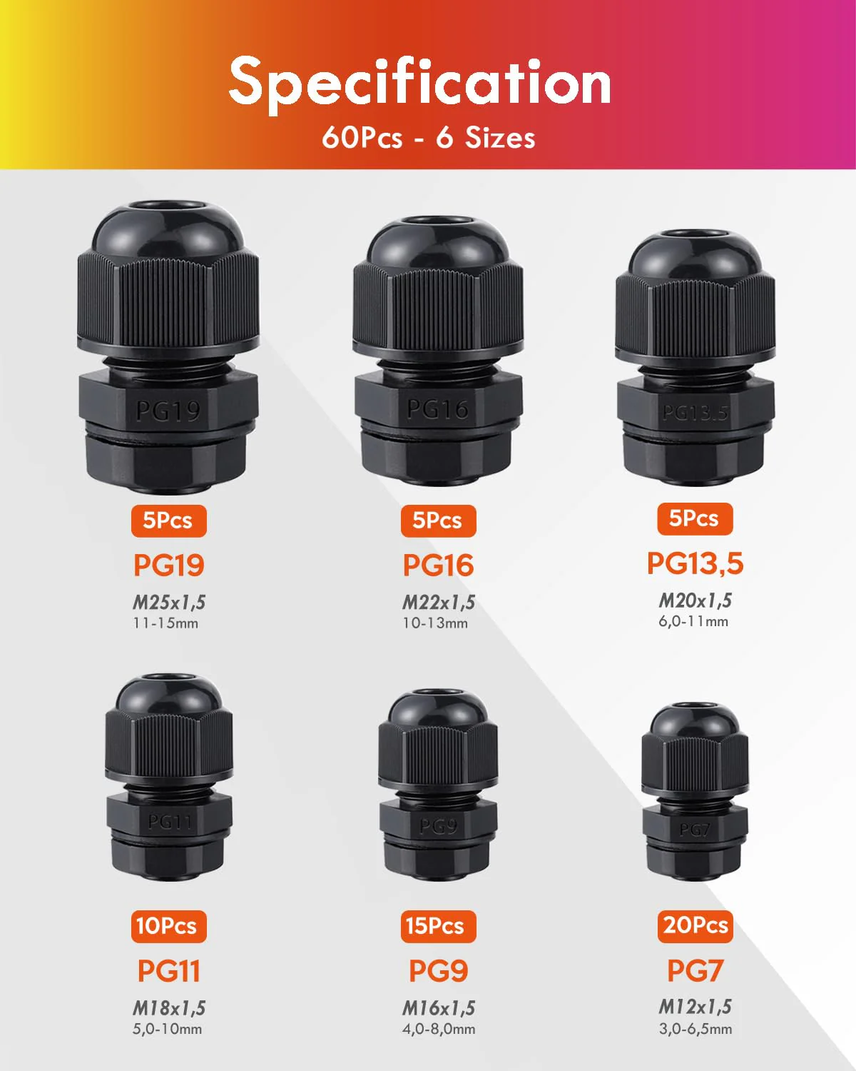 Cable Gland Set with Seals, Gorffy 60 Pieces IP68 Cable Grommet Waterproof PG7 PG9 PG11 PG13.5 PG16 PG19, Cable Glands for Outdoor Garden, Plastic Nylon Cable Grommets 60 Stück - Image 2
