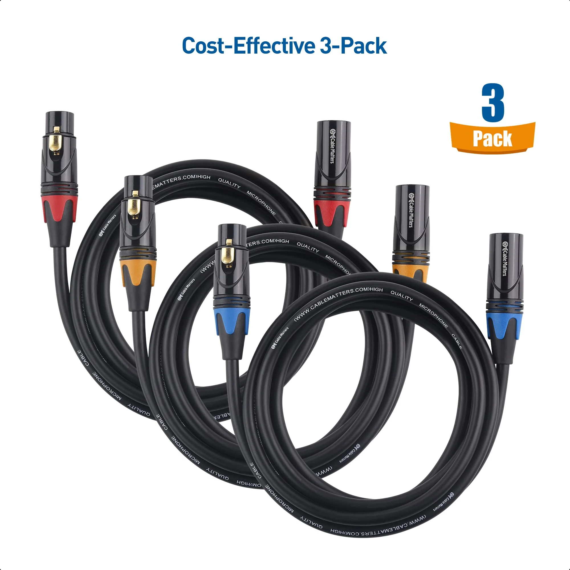 Cable Matters 3-Pack Color-Coded Premium Shielded XLR Cables - 6ft, Oxygen-Free Copper (OFC) XLR Microphone Cable Male to Female, Black 6 Feet - Image 2