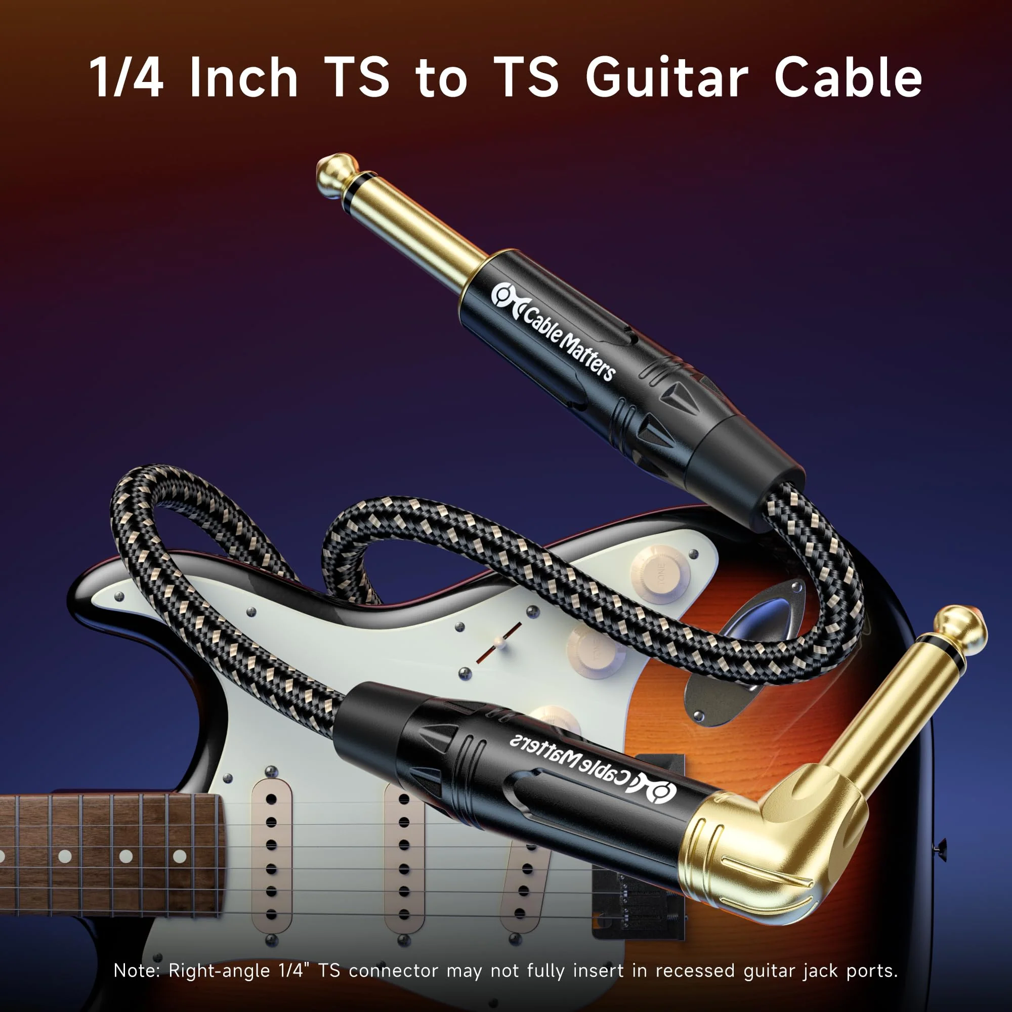 Cable Matters Braided 2-Pack 1/4 Inch TS Right Angle Electric Instrument Cable - 10 Feet Straight to Right Angle, Compatible with Guitar, Bass, Amp, Mixer, Equalizer 10 ft - Image 2
