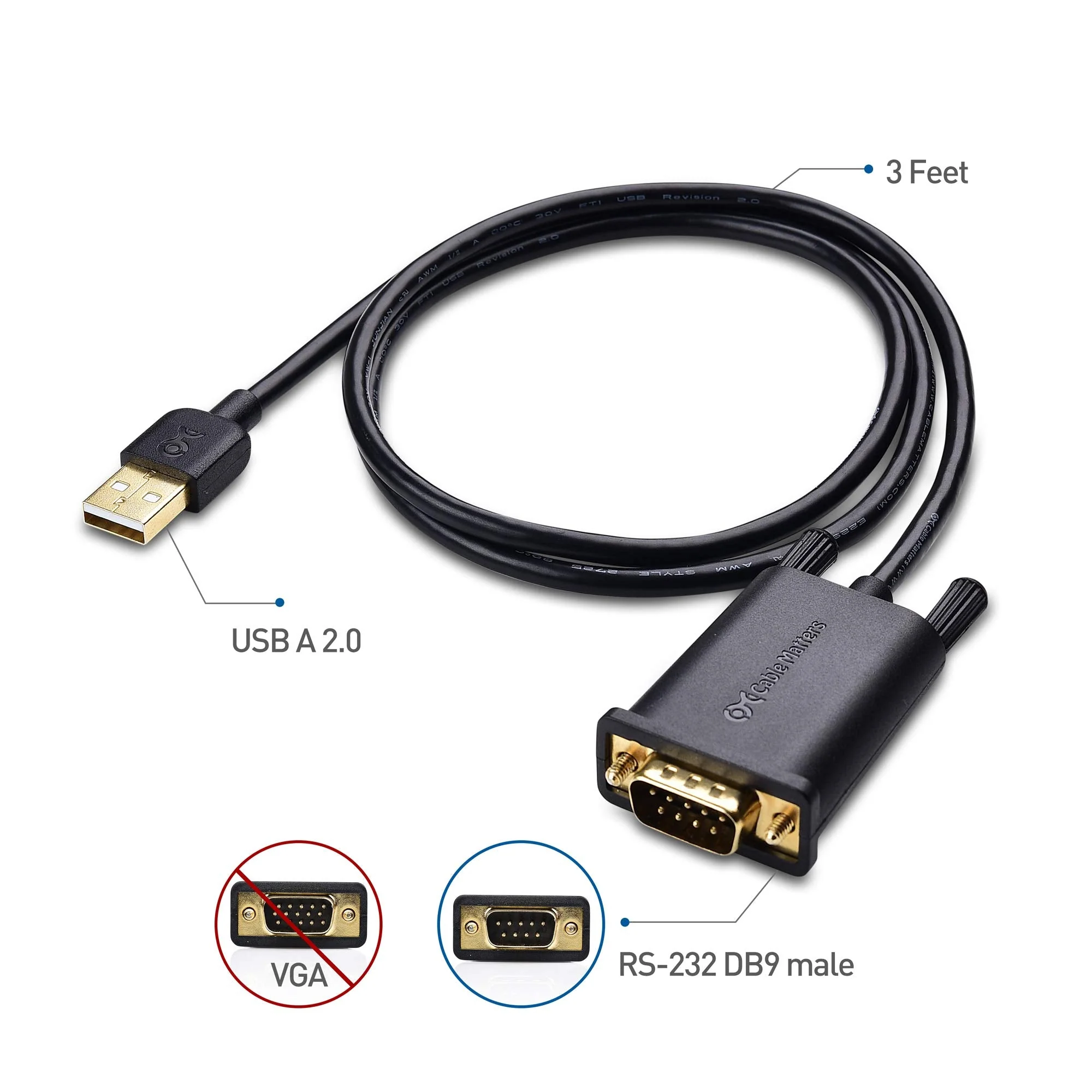 Cable Matters USB to Serial Adapter Male to Male Cable (RS232 to USB 2.0, Serial to USB, USB to DB9) 6 Feet, Support Windows 11/10/8/7/Vista/XP, macOS 11.0 or Later. - Image 2