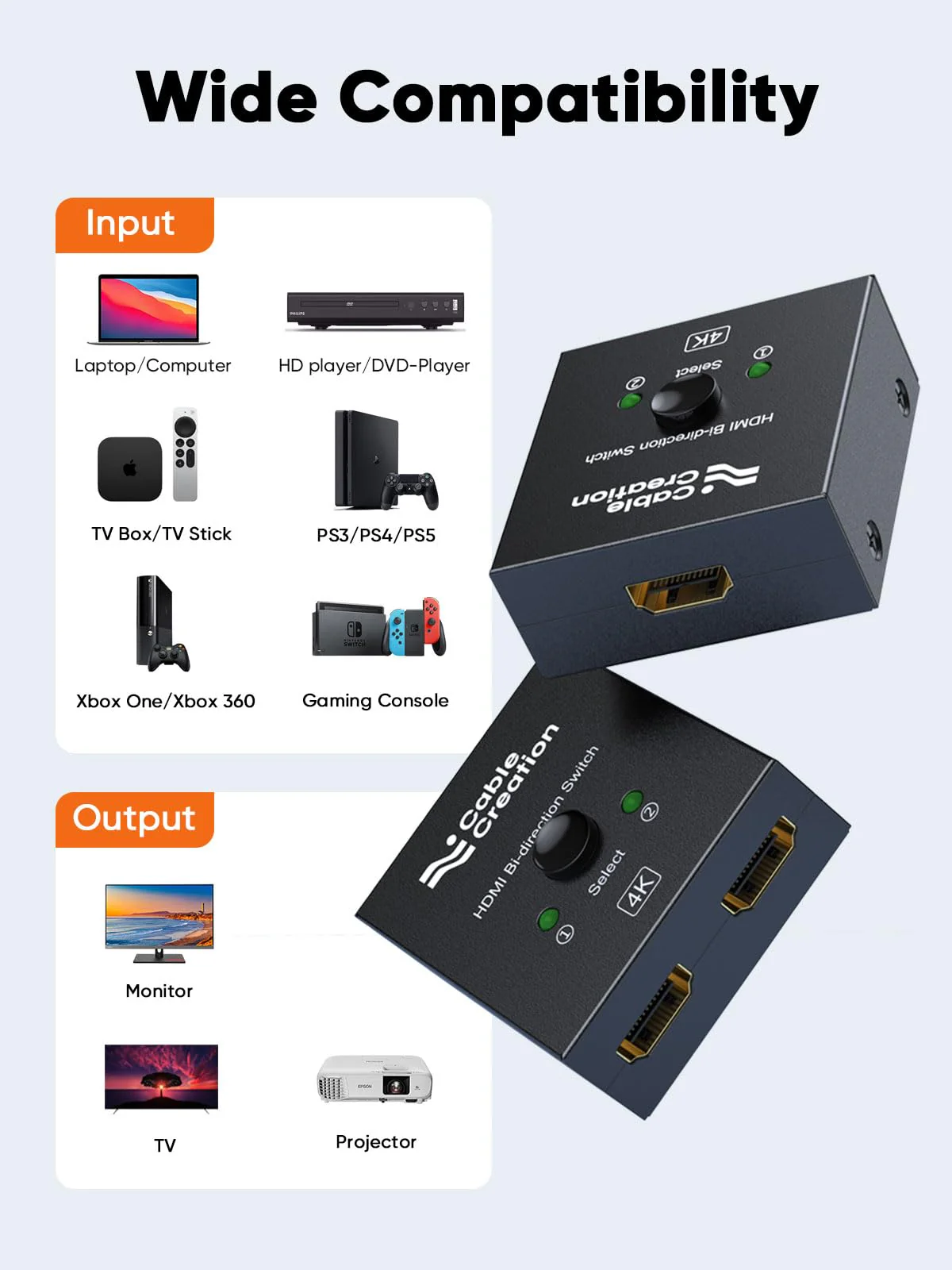 CableCreation HDMI Splitter 2 in 1 Out, 4K@60Hz HDMI Switch, Metal Case Bidirectional HDMI Switcher, HDMI Switch Box Compatible with PS5/4, Xbox, Roku, TV, Fire Stick, Blue-Ray Player etc - Image 6