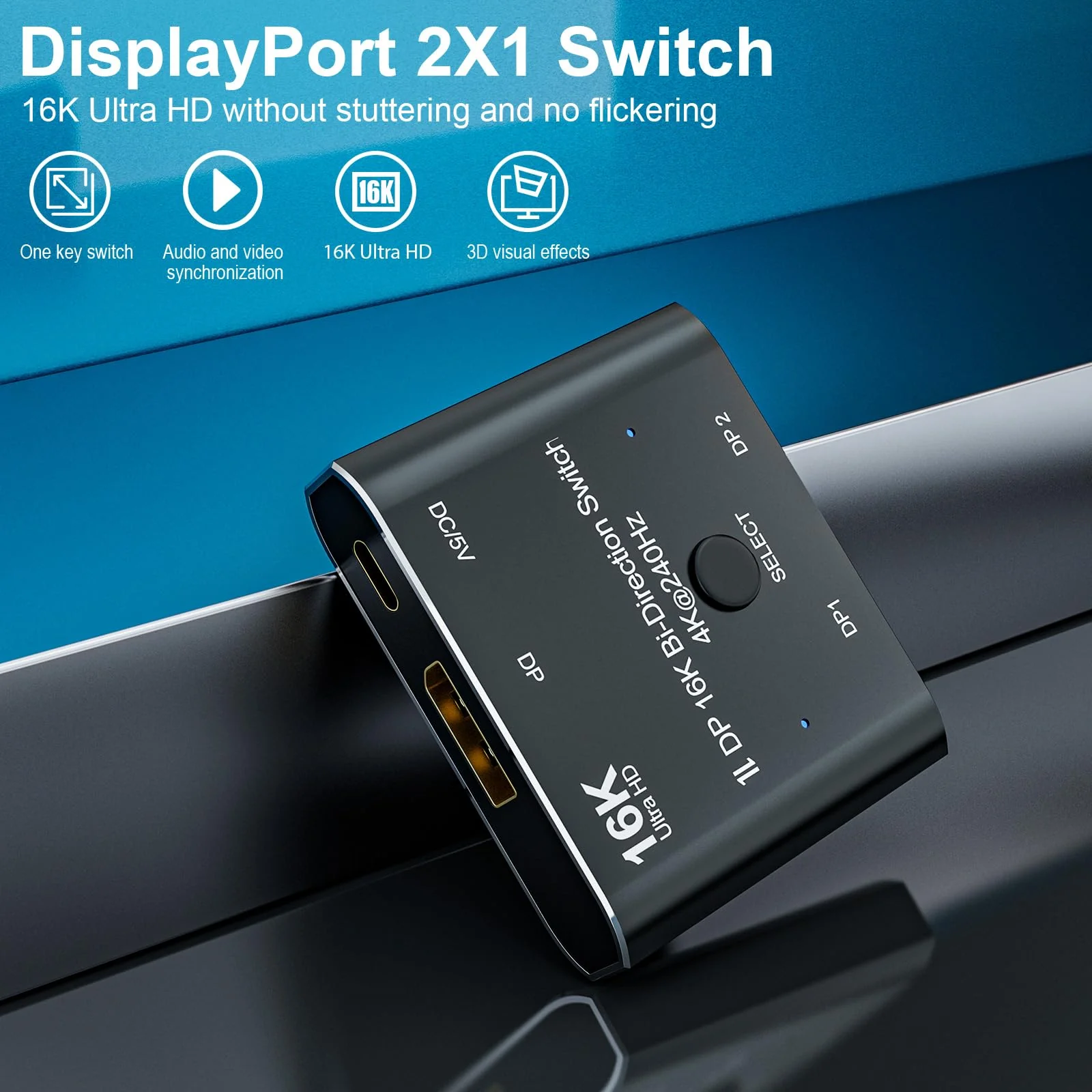 CABLEDECONN DisplayPort 2.1 8K 10K 16K DP Video Switch Bi-Direction Ultra HD 8K@120Hz 4K@240Hz Splitter Converter for Multiple Source and displays dp 16k switch 2x1 - Image 2
