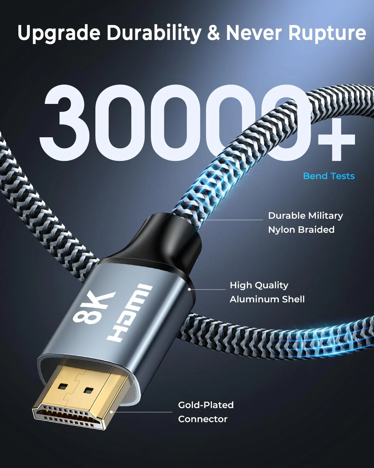 CABNEER 8K HDMI 2.1 Cable 1 m, HDMI Cable High Speed 48Gbps 8K @ 60Hz 4K @ 120Hz 2.2/2.3 for Dolby eARC HDCP HDR, Compatible with HDTV, Laptop etc 1 piece 1m - Image 6