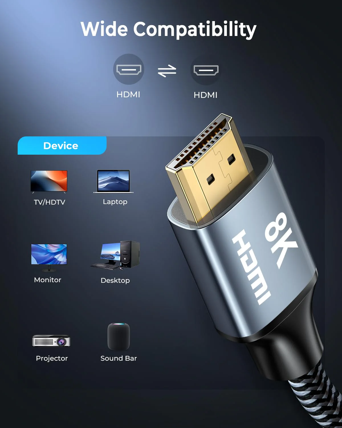 CABNEER 8K HDMI 2.1 Cable 1 m, HDMI Cable High Speed 48Gbps 8K @ 60Hz 4K @ 120Hz 2.2/2.3 for Dolby eARC HDCP HDR, Compatible with HDTV, Laptop etc 1 piece 1m - Image 7