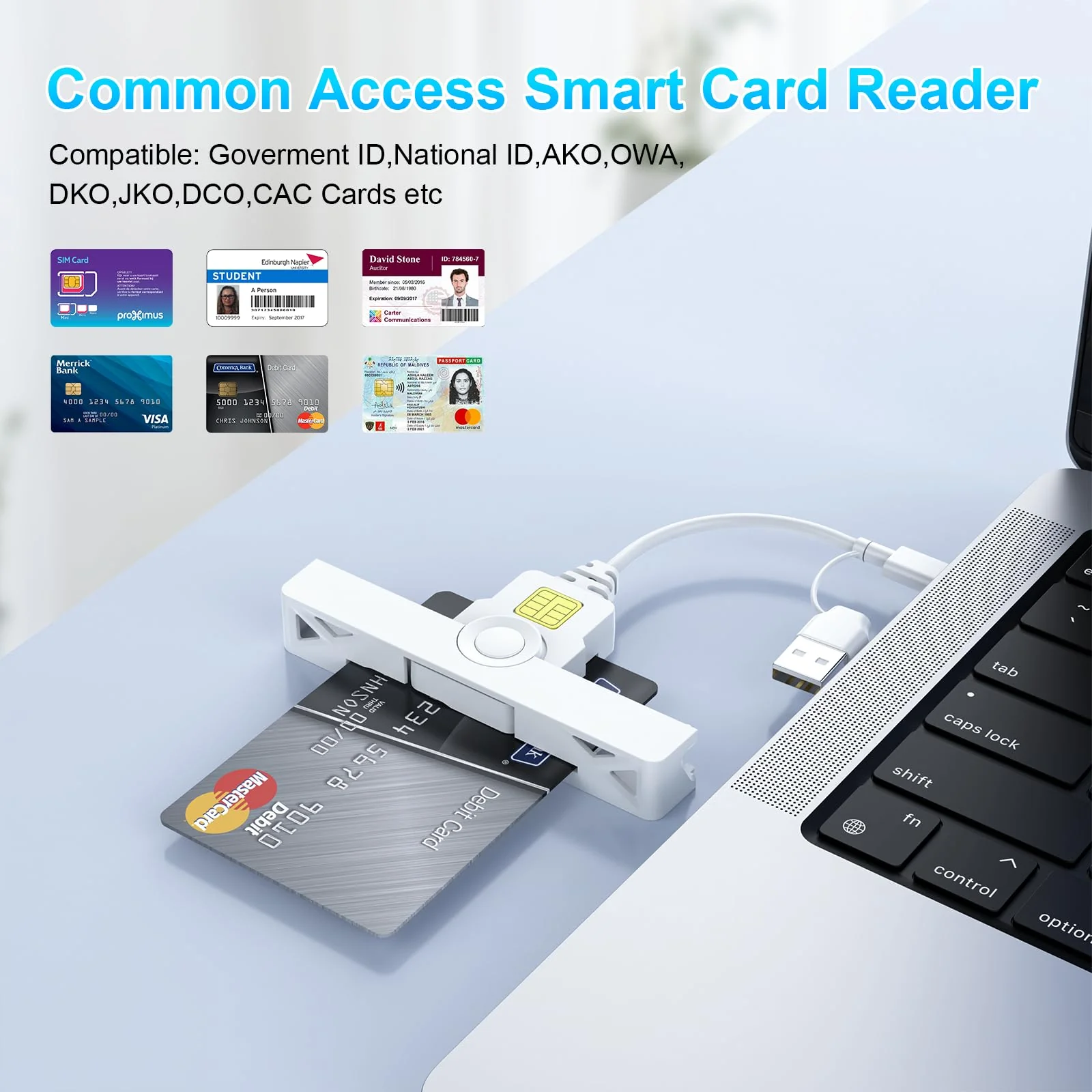 CAC Card Reader 2 in 1 USB/USB C Dual Connector, DOD Military USB Common Access CAC Reader Type C USB Smart Card Reader Compatible with Windows, Mac OS Mini Fold Plug and Play White - Image 2