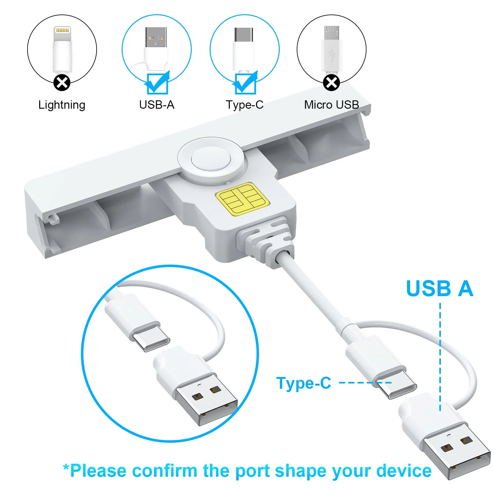 CAC Card Reader 2 in 1 USB/USB C Dual Connector, DOD Military USB Common Access CAC Reader Type C USB Smart Card Reader Compatible with Windows, Mac OS Mini Fold Plug and Play White - Image 3
