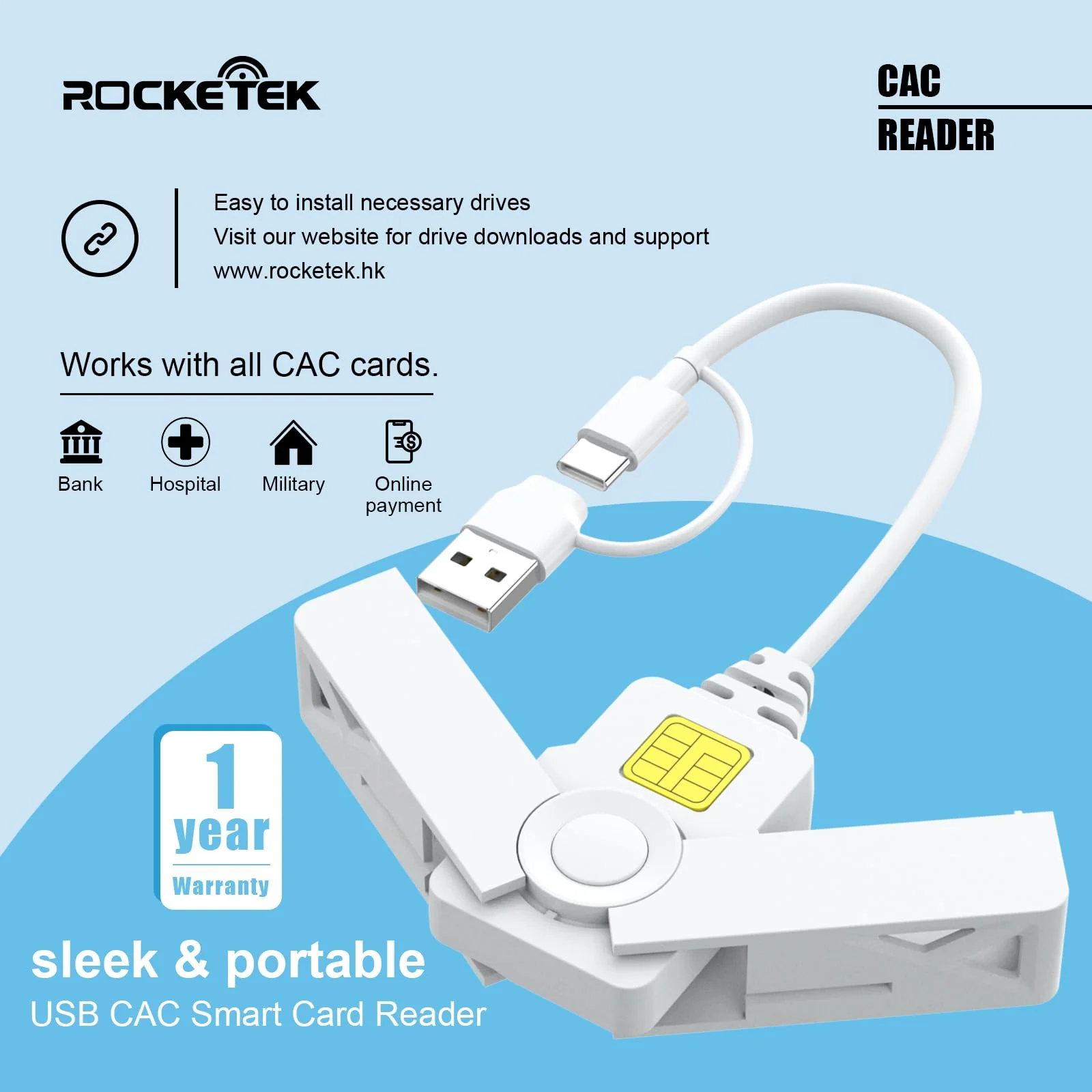 CAC Card Reader 2 in 1 USB/USB C Dual Connector, DOD Military USB Common Access CAC Reader Type C USB Smart Card Reader Compatible with Windows, Mac OS Mini Fold Plug and Play White - Image 5