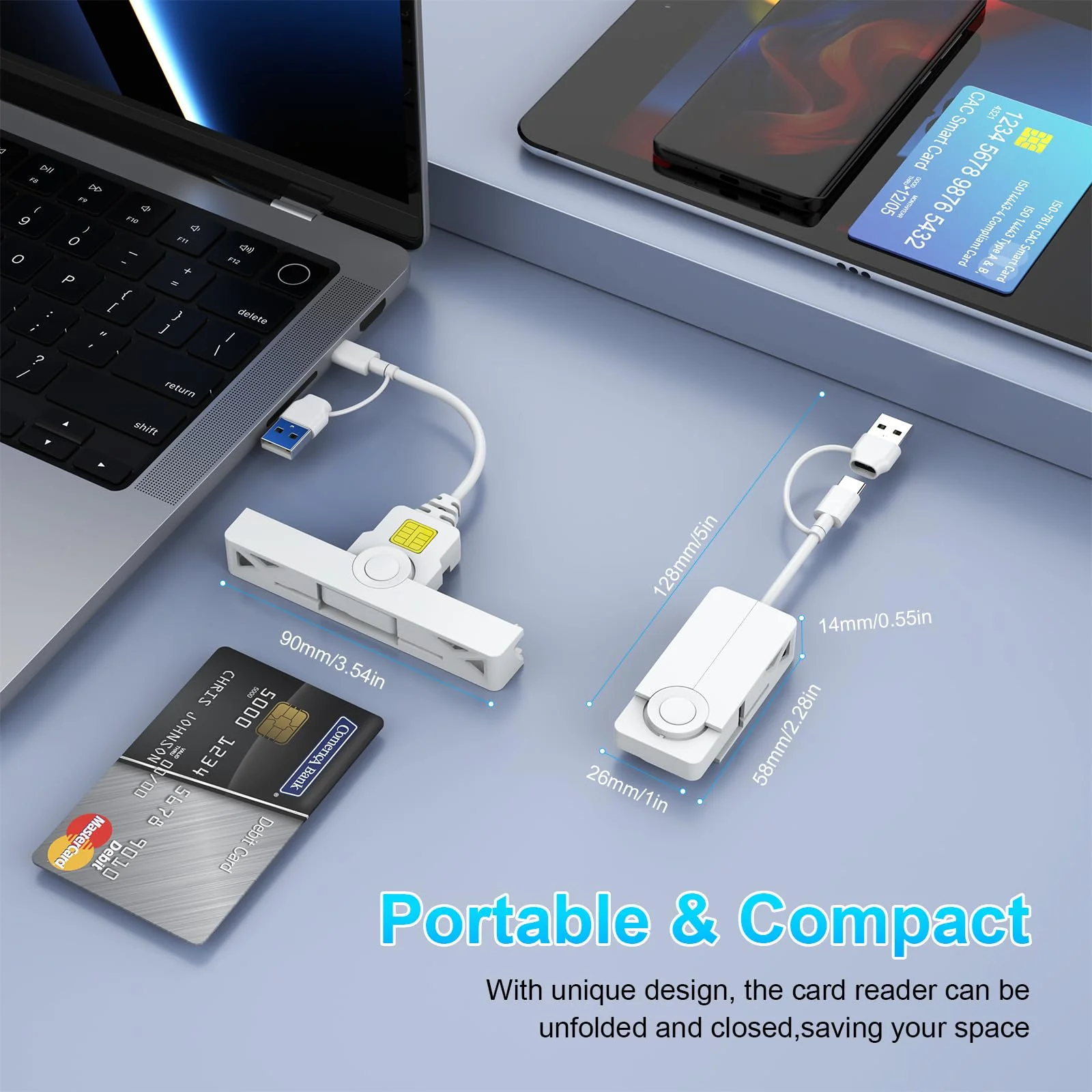 CAC Card Reader 2 in 1 USB/USB C Dual Connector, DOD Military USB Common Access CAC Reader Type C USB Smart Card Reader Compatible with Windows, Mac OS Mini Fold Plug and Play White - Image 7